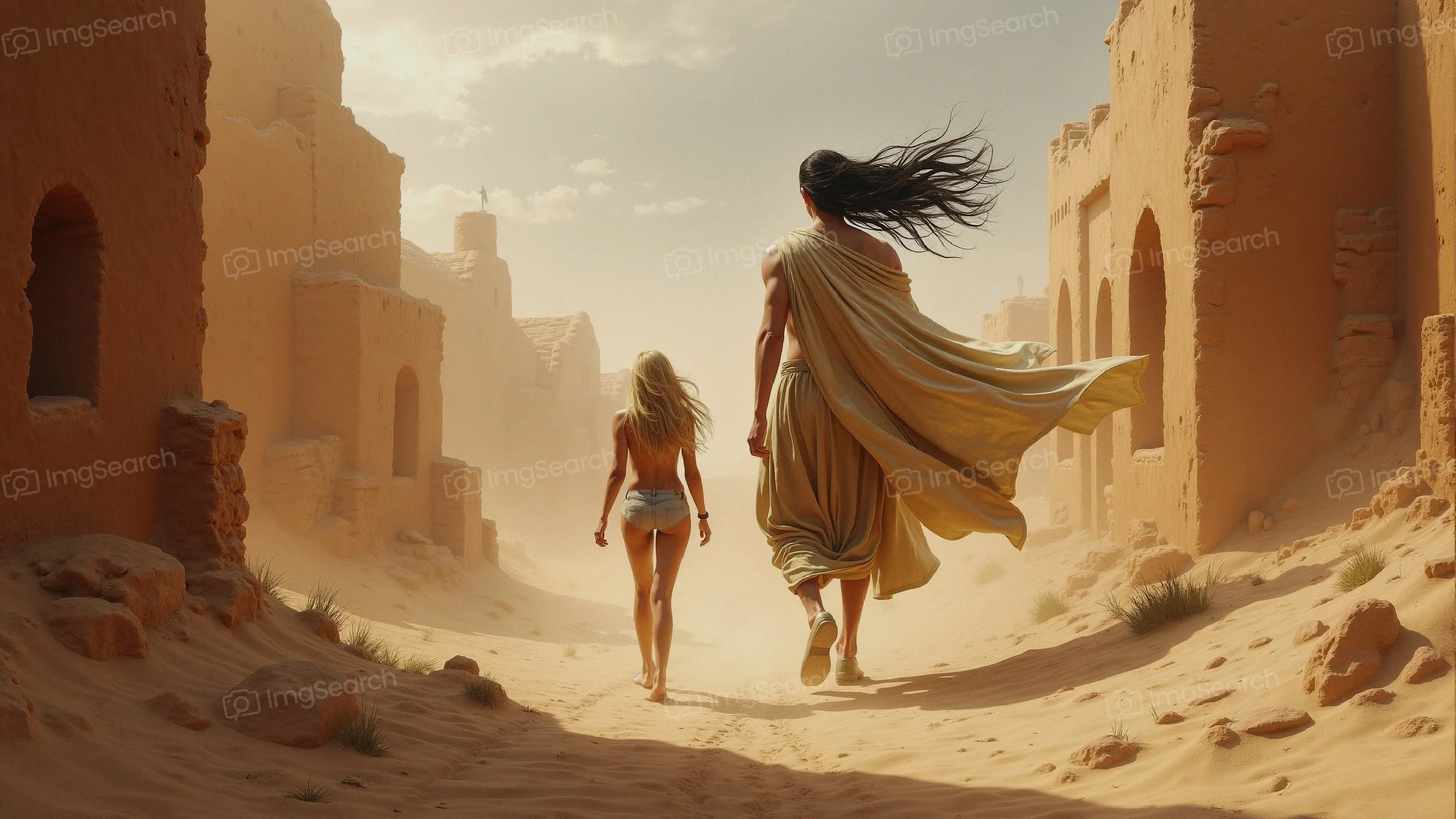 A tall figure a woman walking in a sandy, ancient desert city
