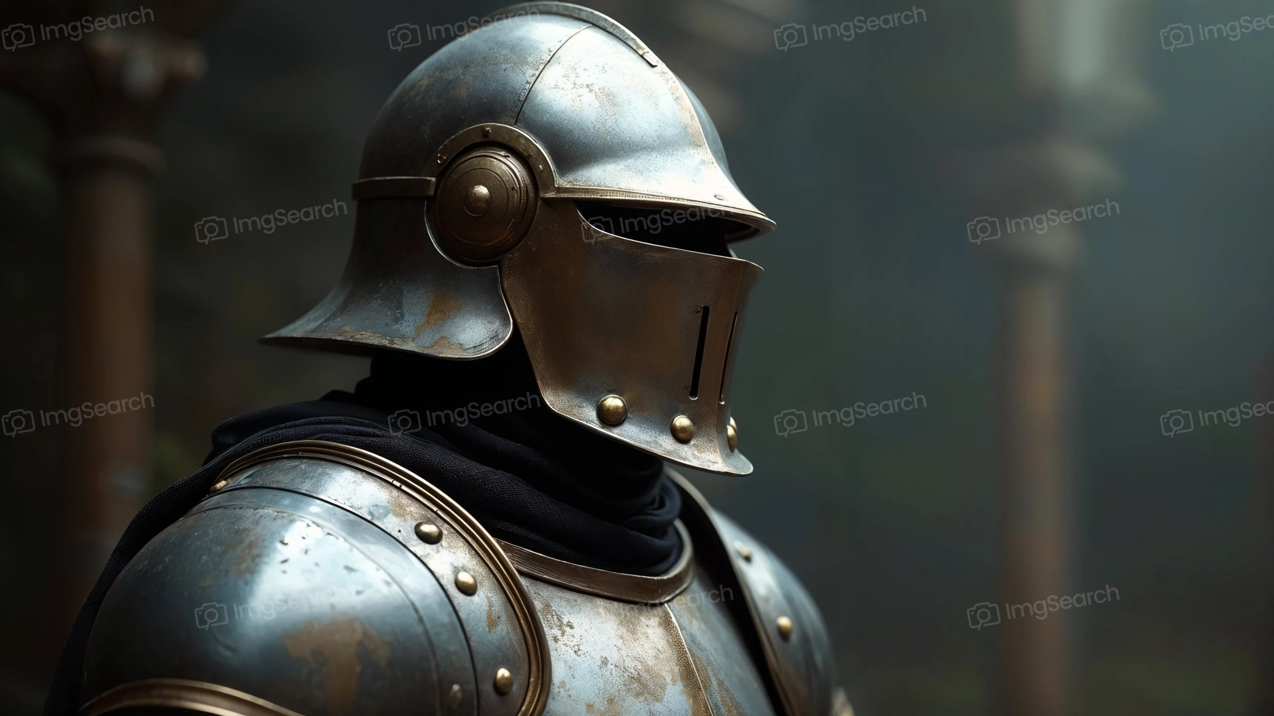 Close-up of a knight's helm and armor in a dimly lit environment