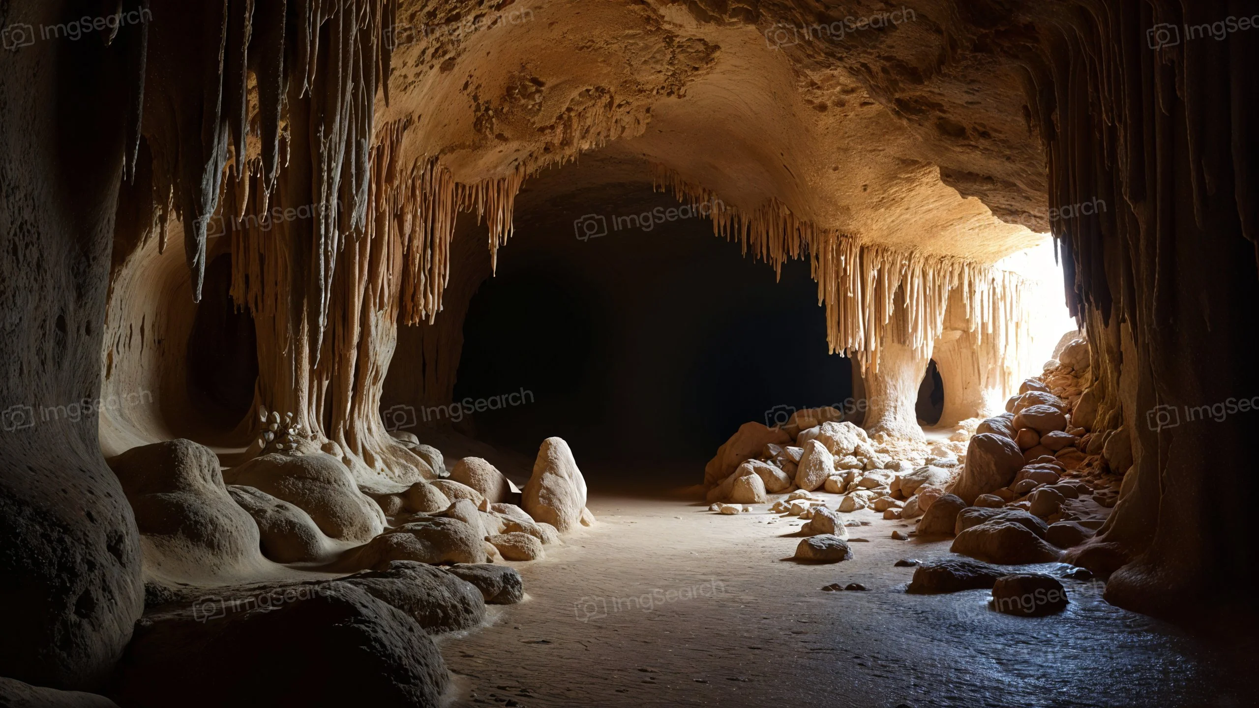 Interior of a cave with stalactites and rock formations illuminated by light