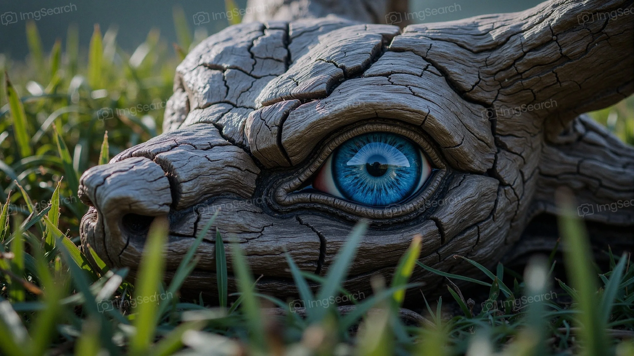 Close-up of a dragon sculpture with a vivid blue eye resting in green grass