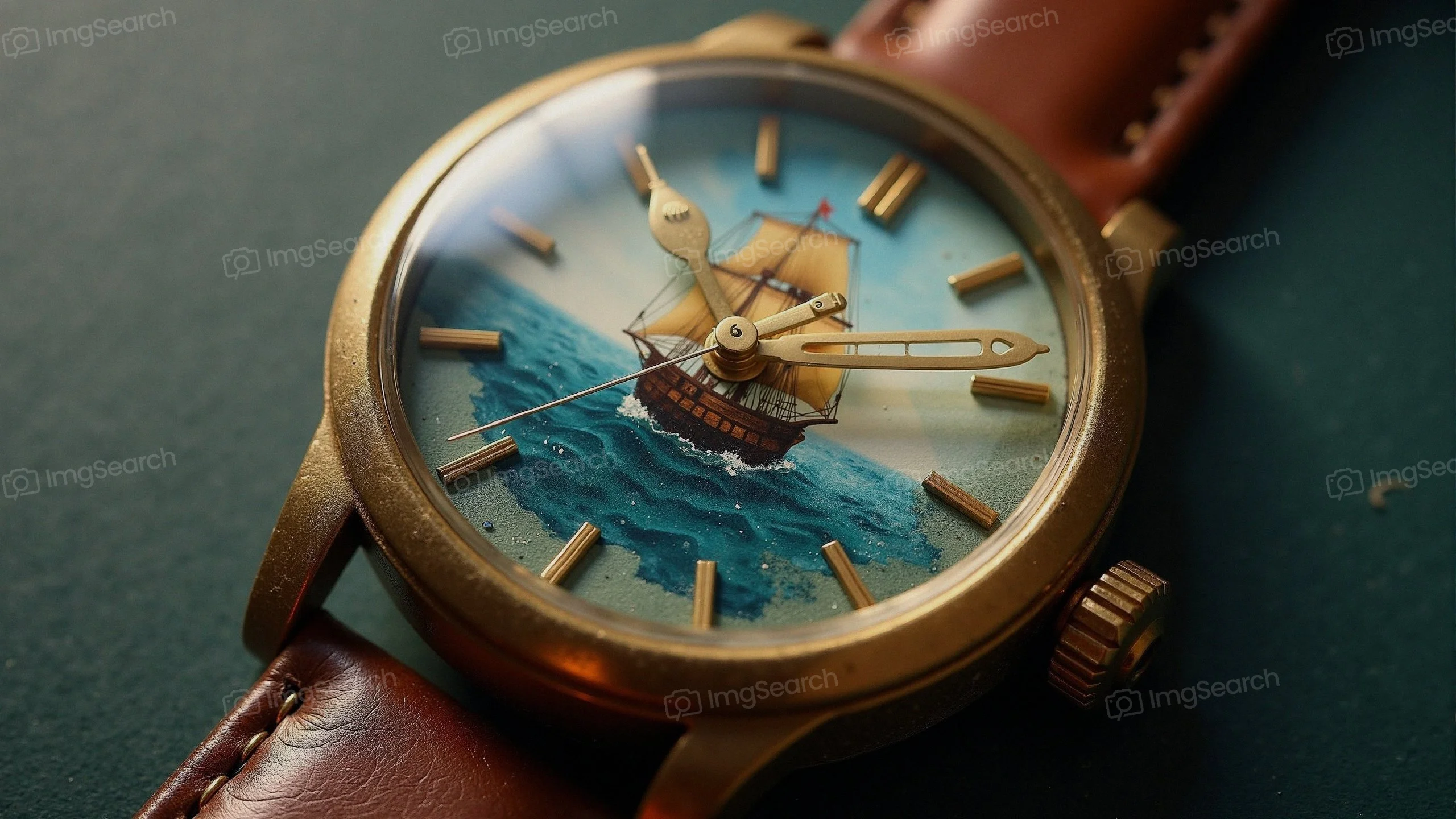 A close-up of a watch displaying a sailing ship on its face