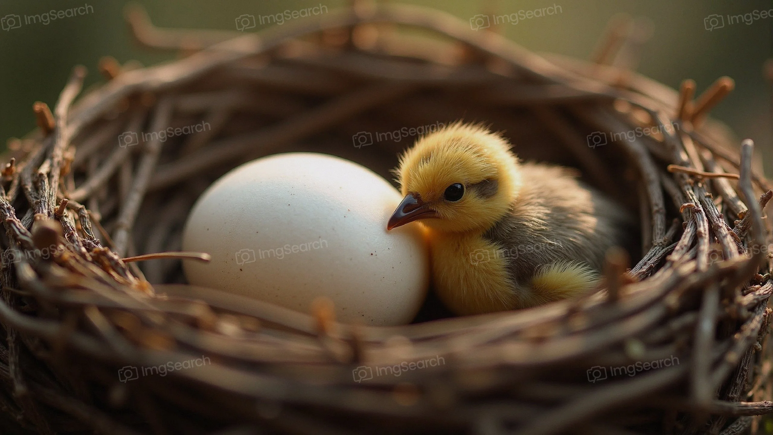 A fluffy yellow chick sitting in a nest next to a white egg.