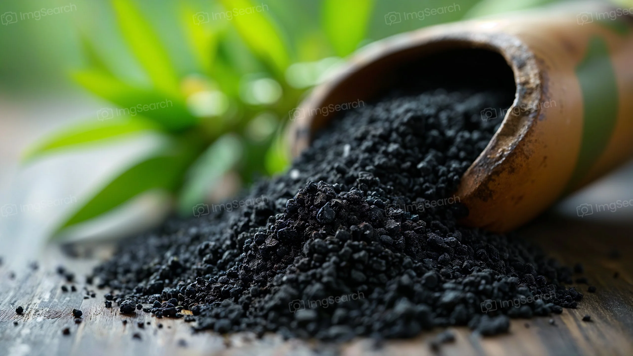 A close-up of black seeds spilling from a clay pot with green foliage in the background.