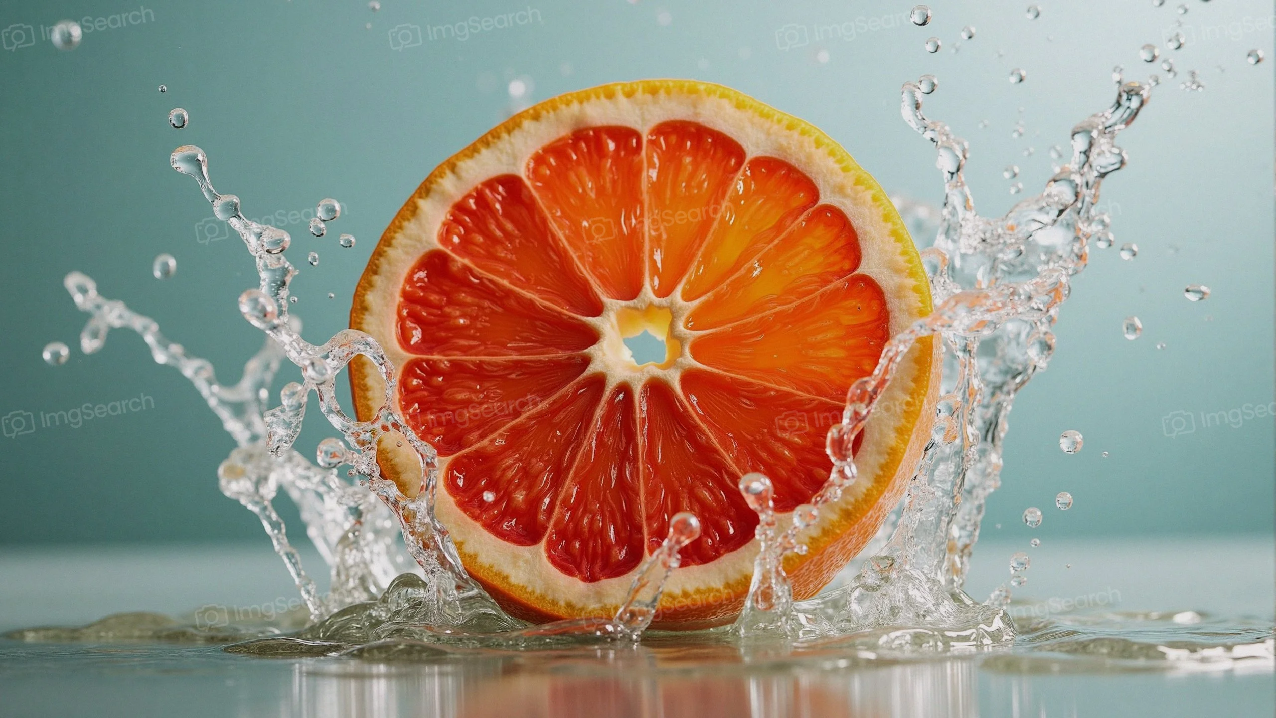 Freshly cut orange with water splashing around it
