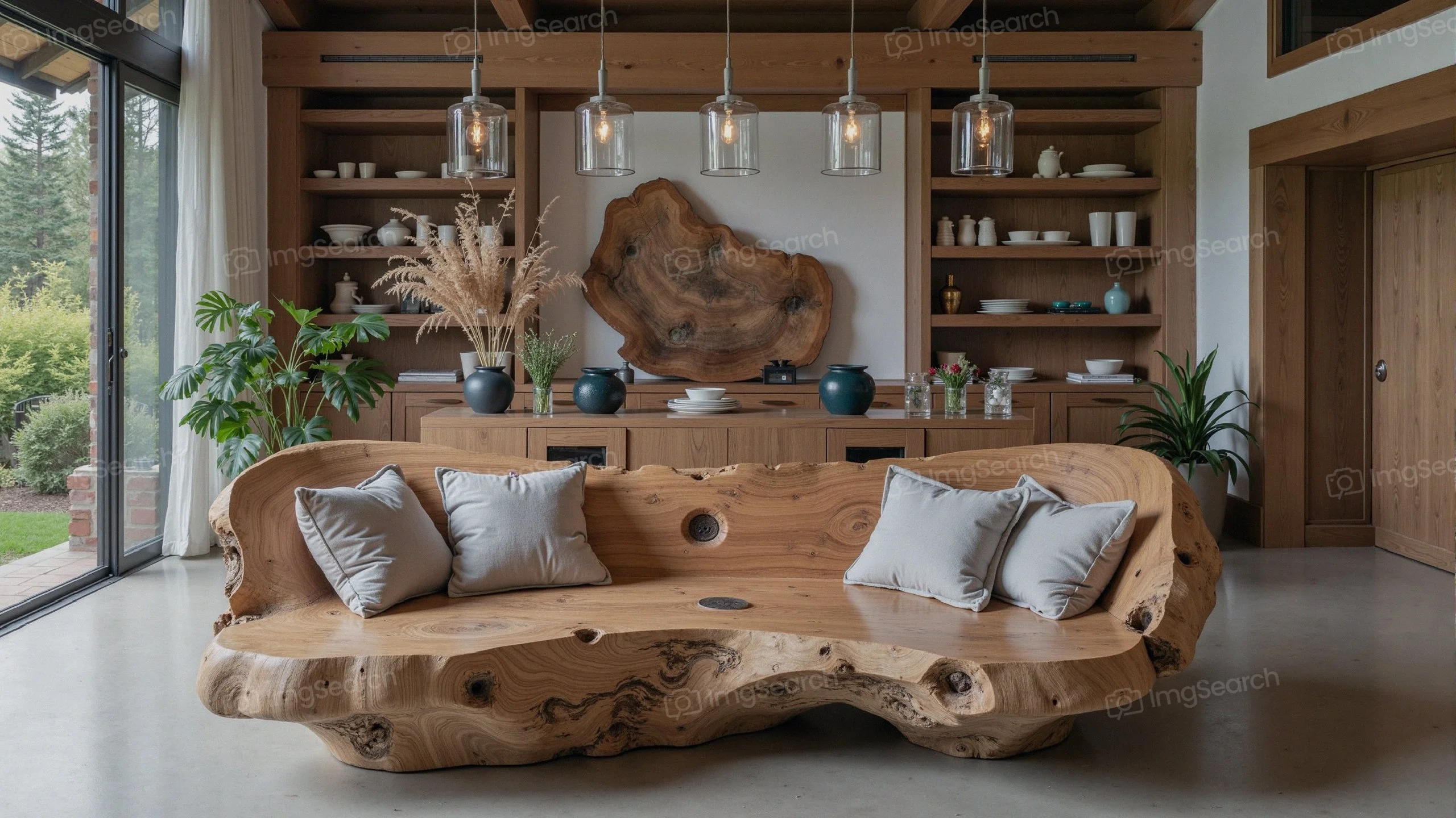 A unique wooden sofa with gray cushions in a modern living room surrounded by decorative ceramics greenery.