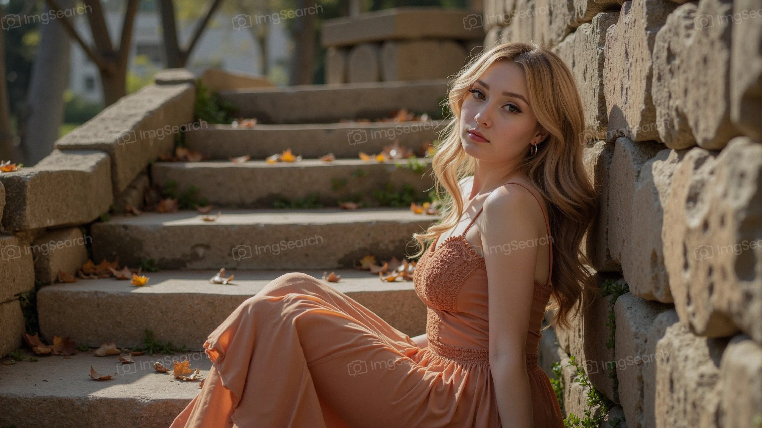 A young woman in a flowing dress sitting on stone steps in an outdoor setting.