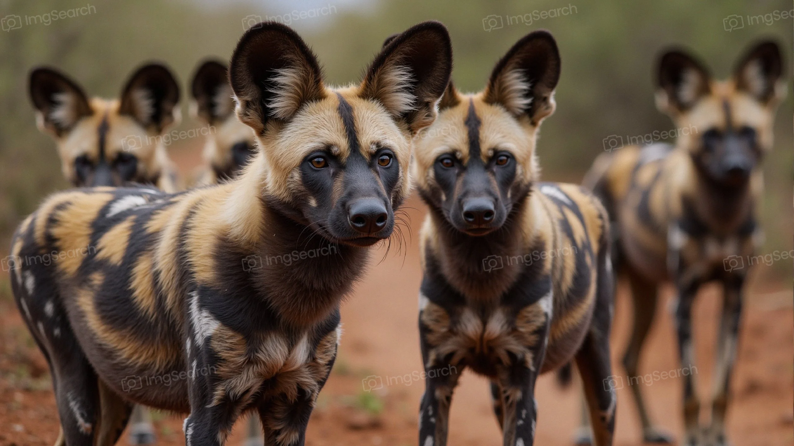 A pack of African wild dogs with distinct fur patterns standing alert in the wild