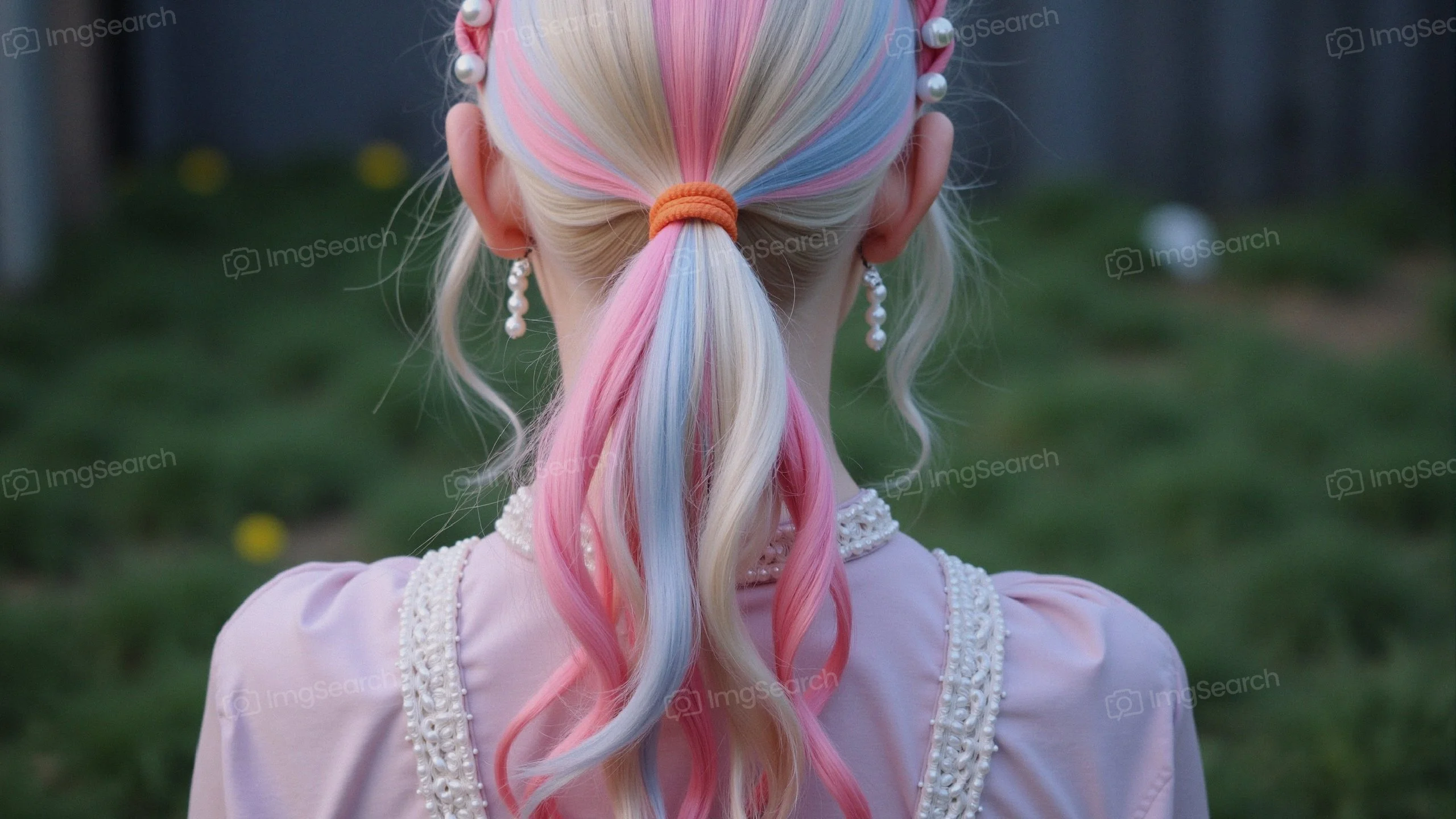 A back view of a person with pastel colored hair styled in a ponytail, featuring pink blue hues, adorned with pearls a lace trim.