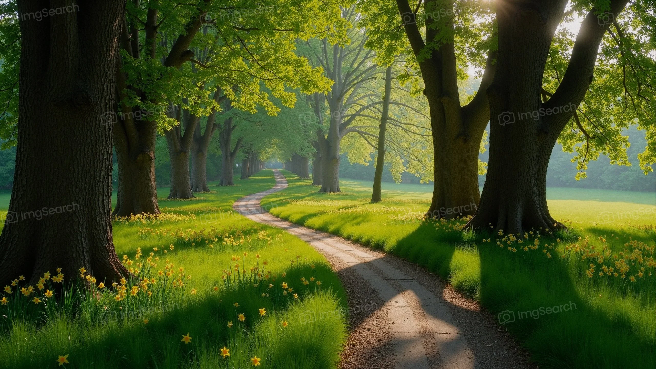 A pathway through a green landscape with tall trees sunlight filtering through the leaves.