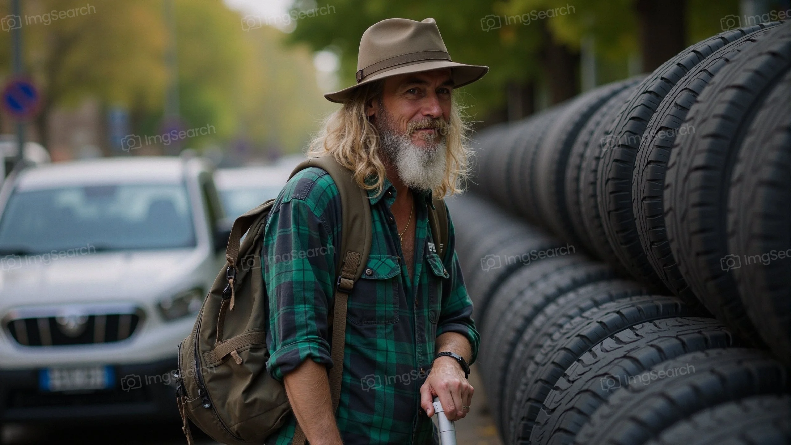 A bearded man wearing a green plaid shirt and a hat standing next to a wall of tires in a city