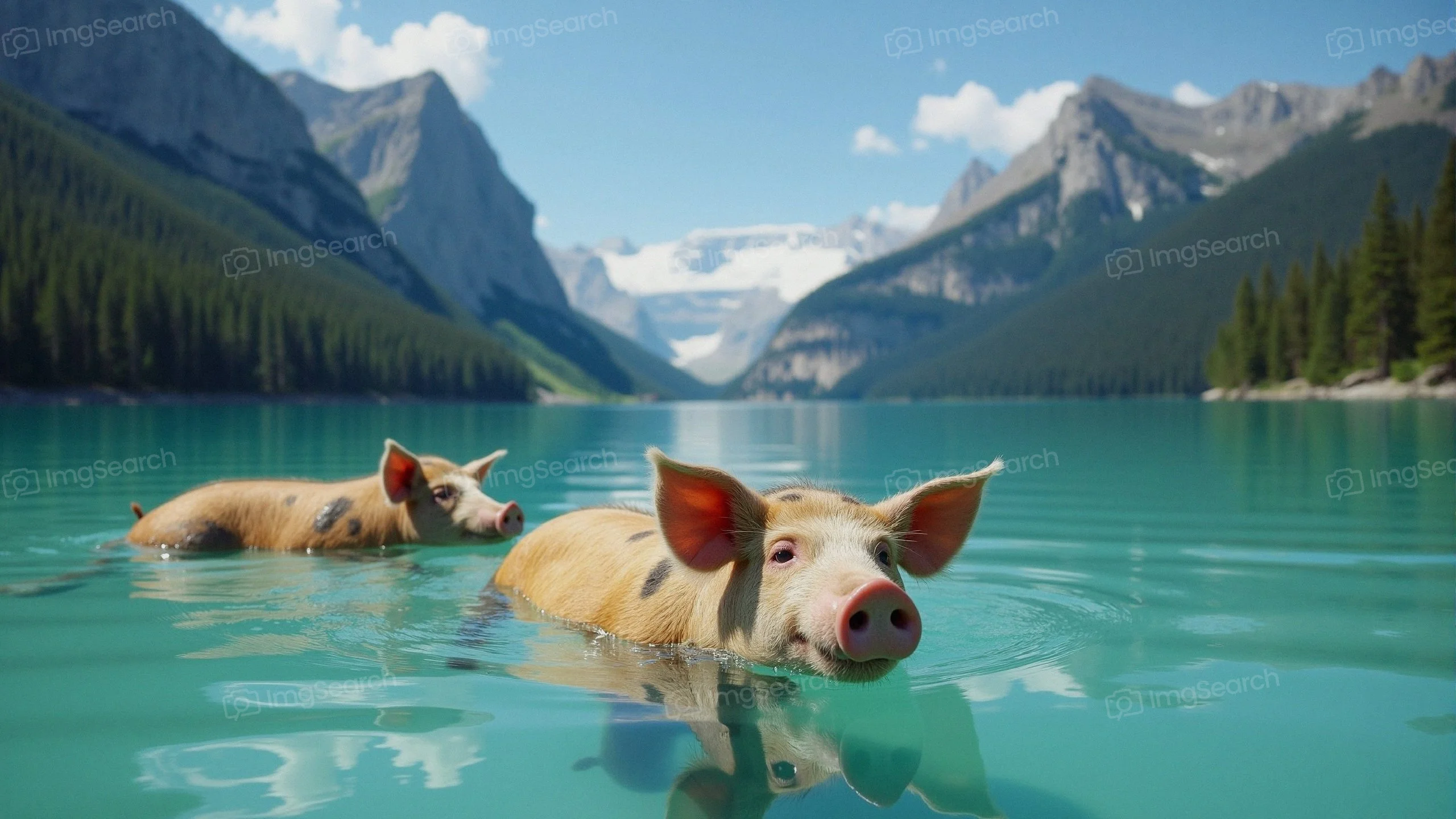 Two pigs swimming in a turquoise lake surrounded by mountains