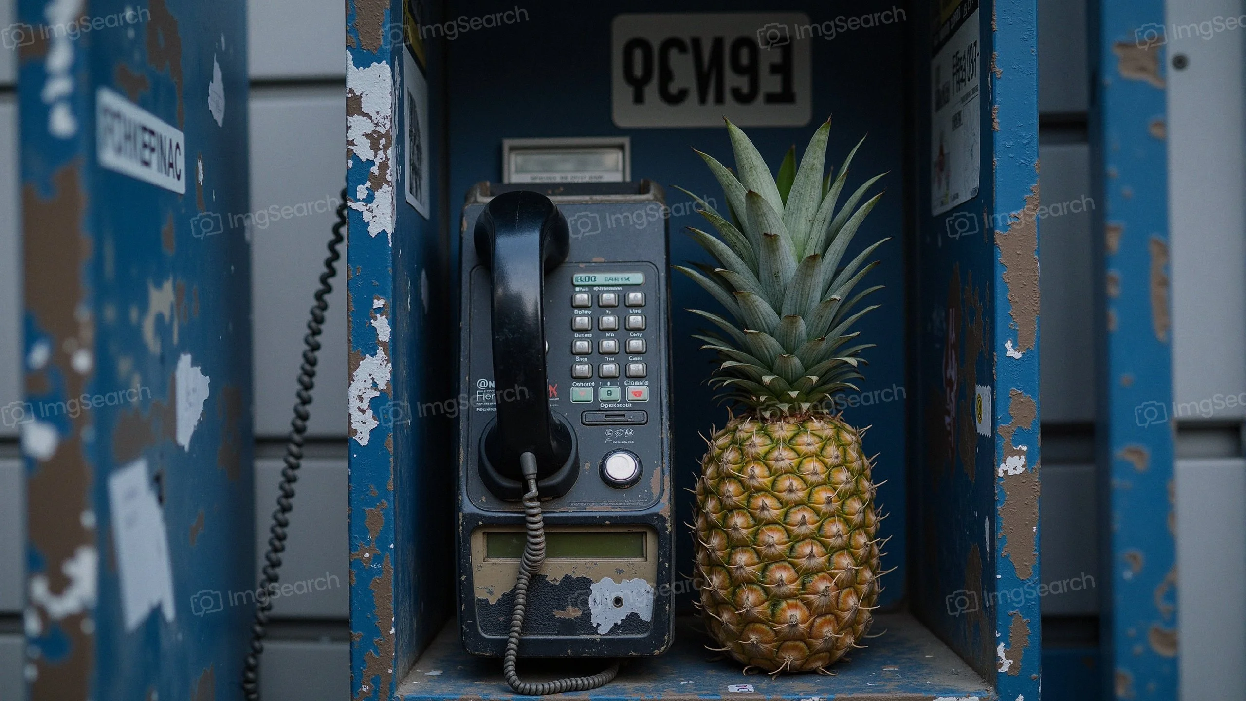 A vintage payphone with a pineapple placed beside it, surrounded by graffiti stickers.