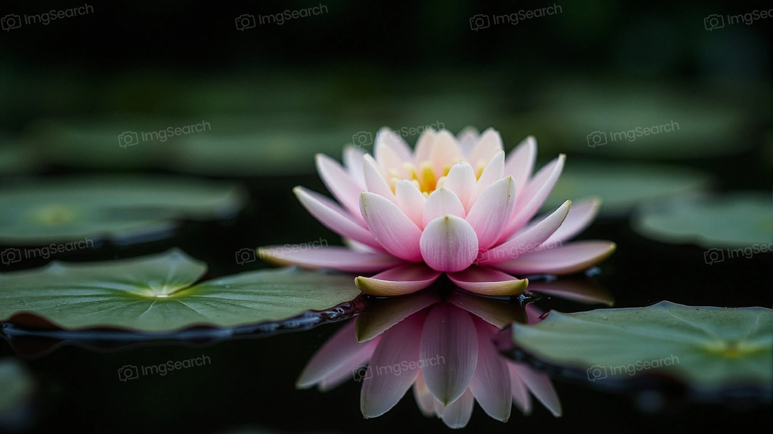 A pink lotus flower floating on calm water surrounded by green lily pads.