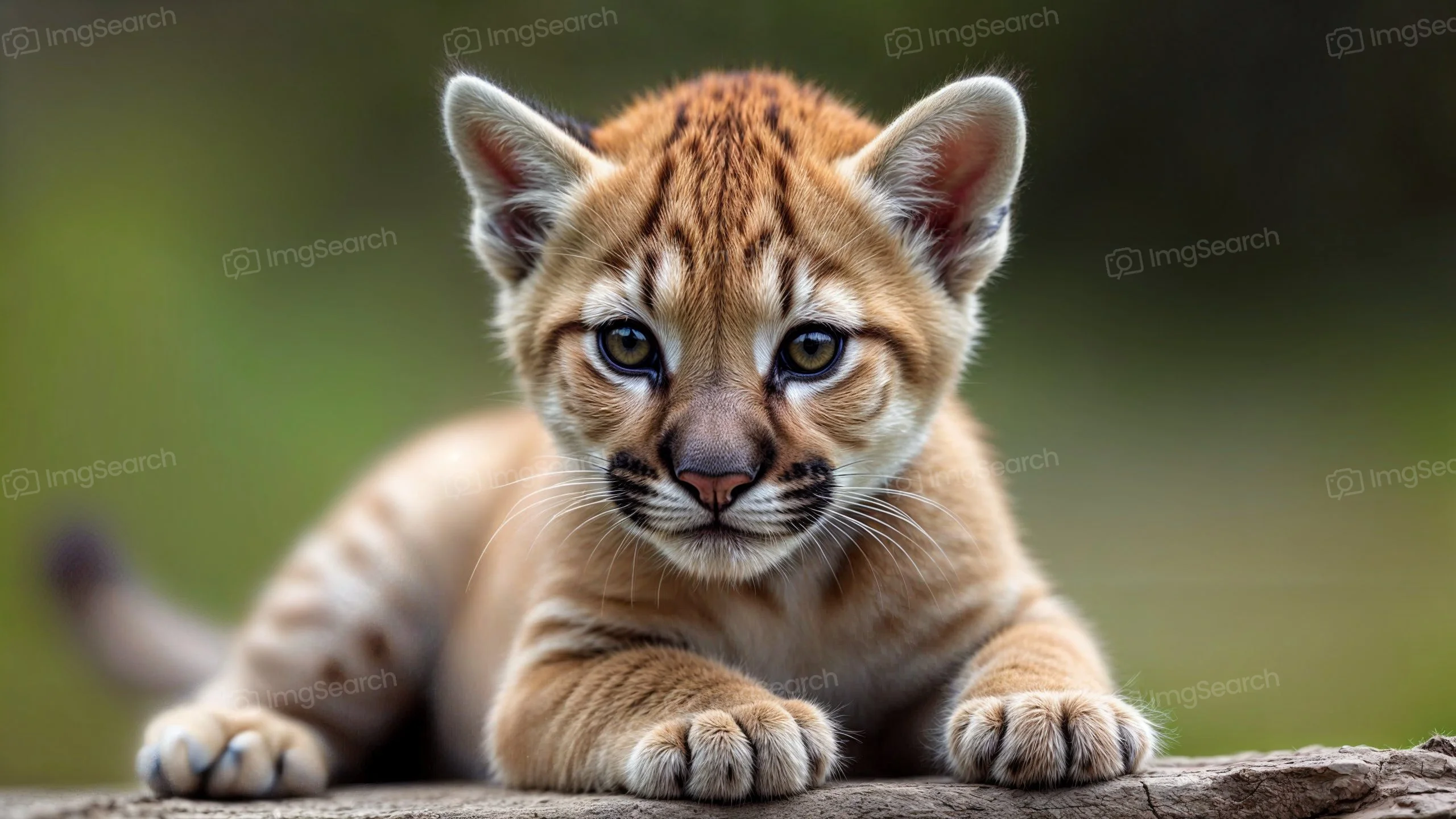 A close-up of a playful cheetah cub with blue eyes resting on a log.