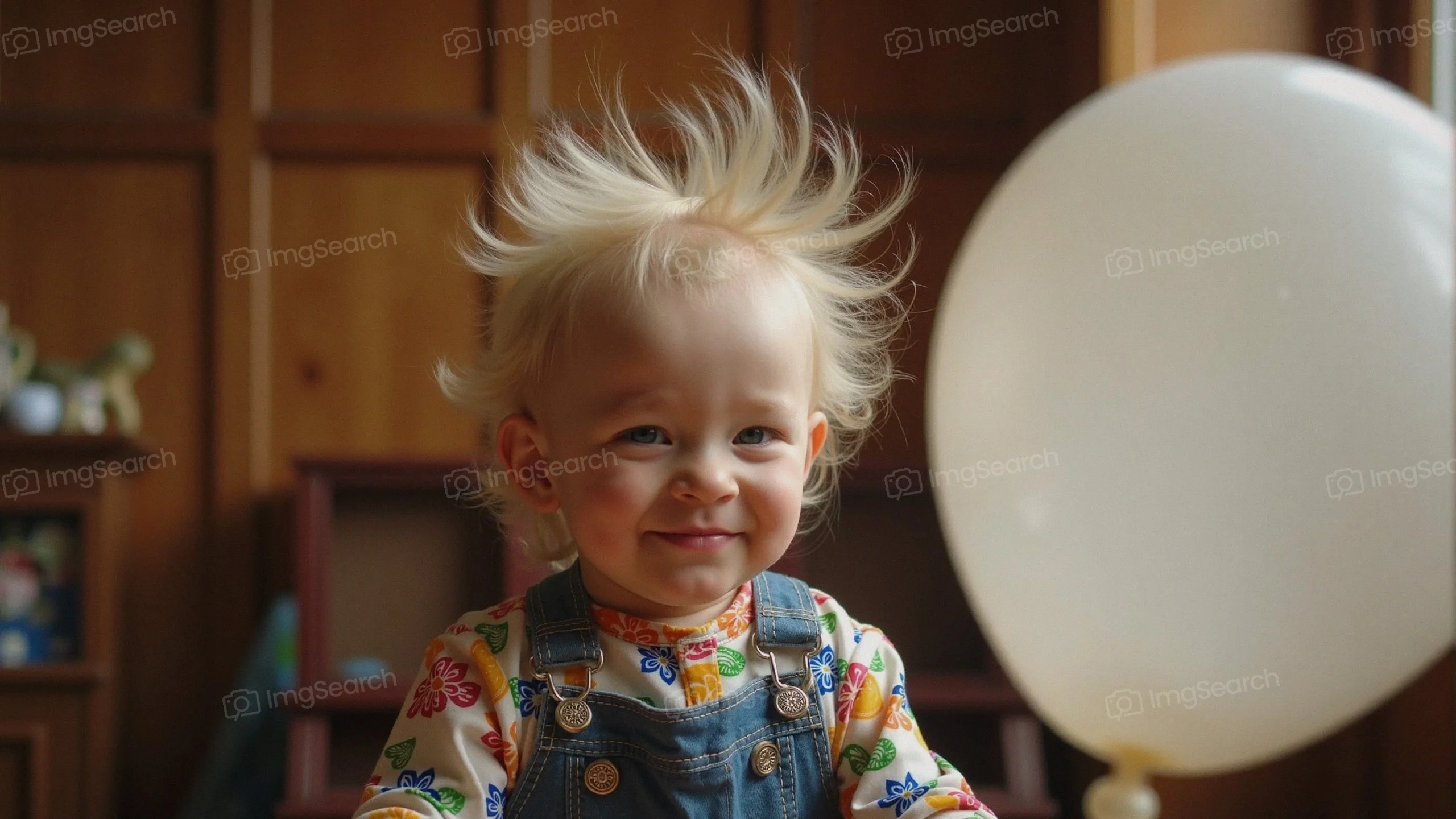 A cheerful child with fluffy hair sitting next to a white balloon, wearing a colorful floral shirt denim overalls.