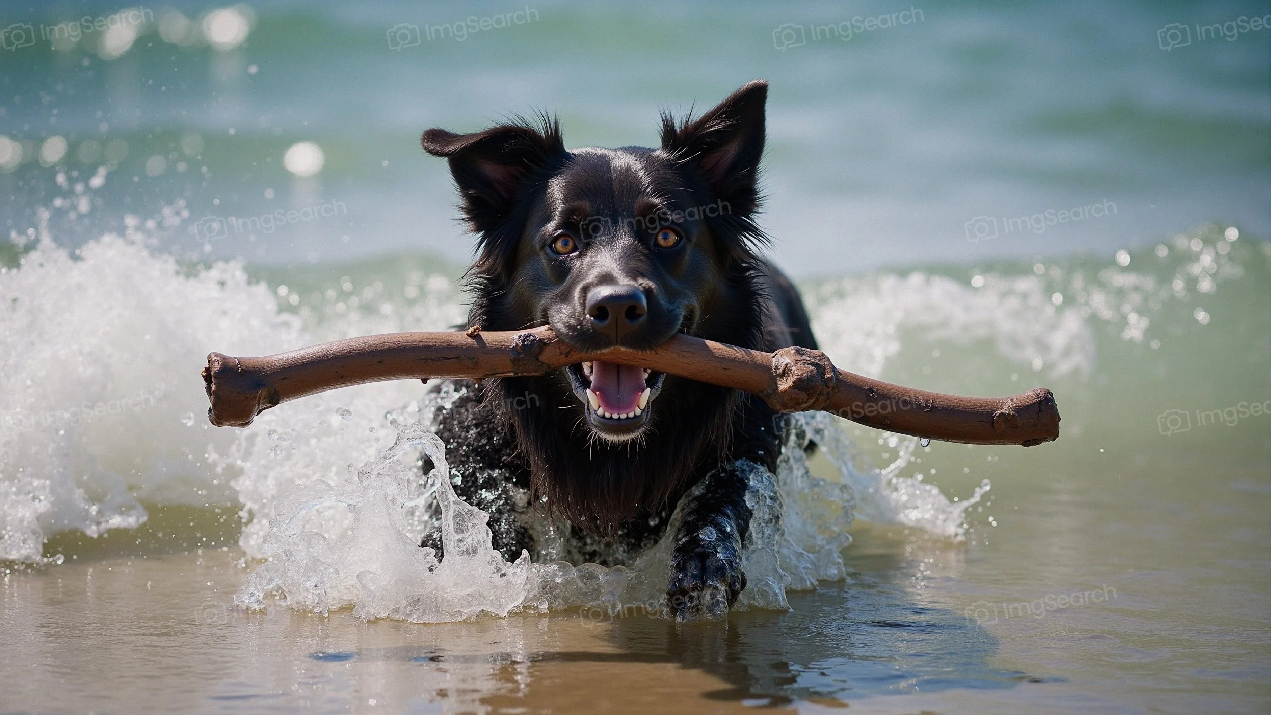 A playful dog joyfully carrying a stick in its mouth while running through the waves.