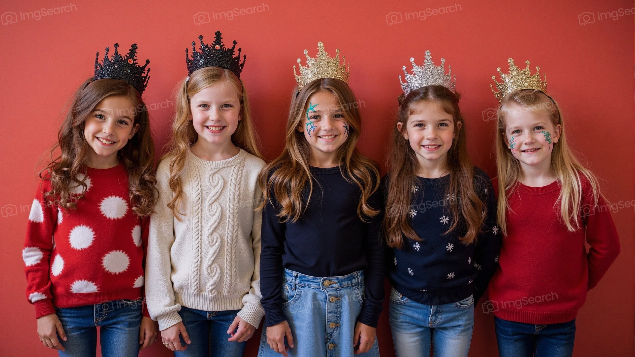 Five young girls with crowns posing cheerfully against a red background.