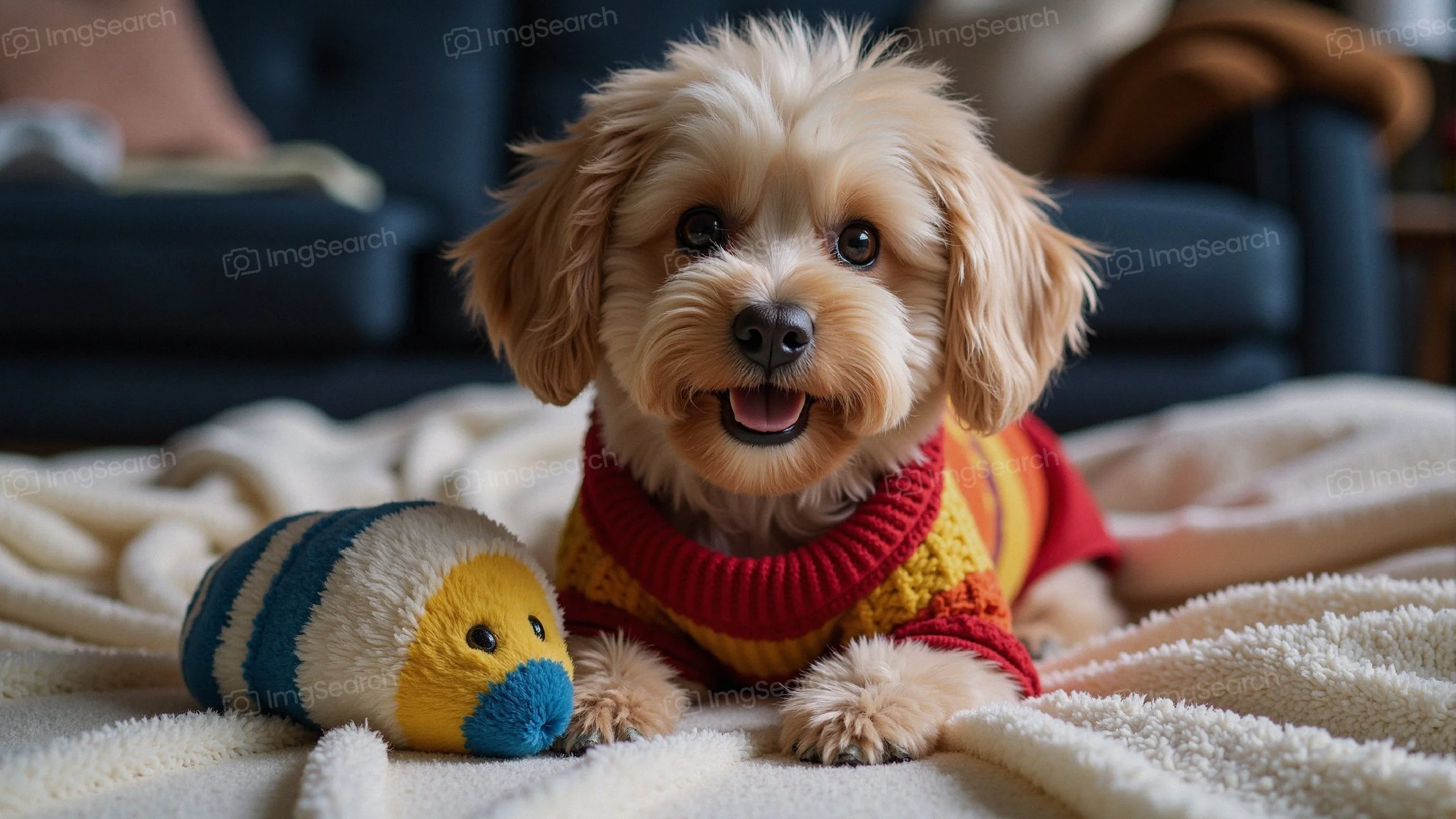 A cute dog in a red yellow sweater sitting next to a plush hedgehog toy on a blanket.