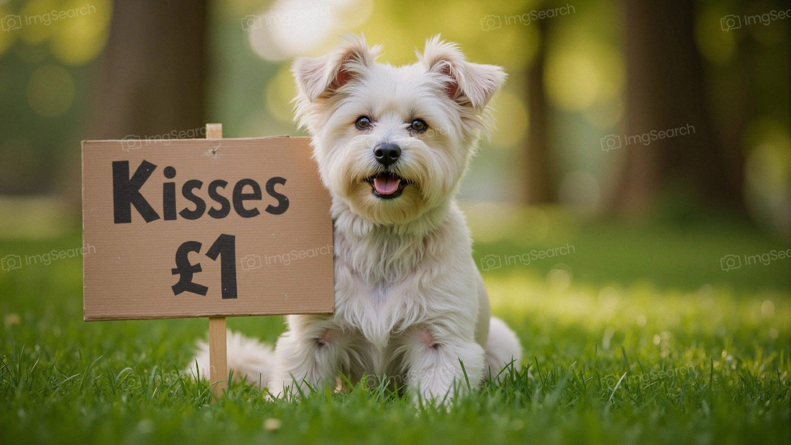 A playful puppy with a sign offering kisses for a pound.