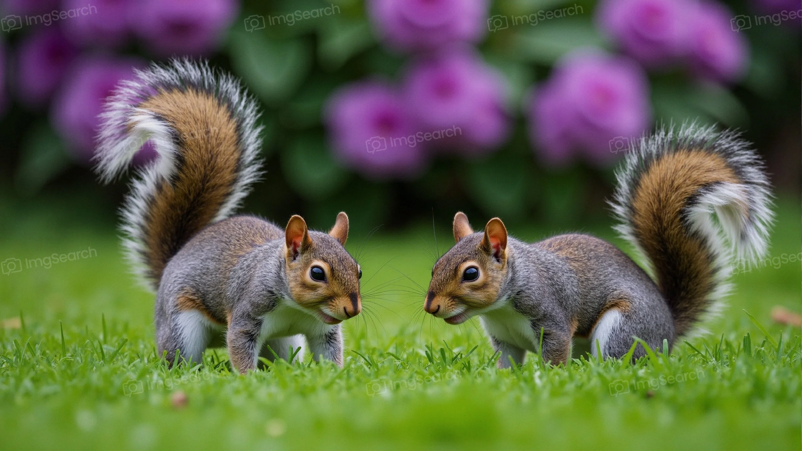 Two playful squirrels interacting in a lush green garden with purple flowers in the background.