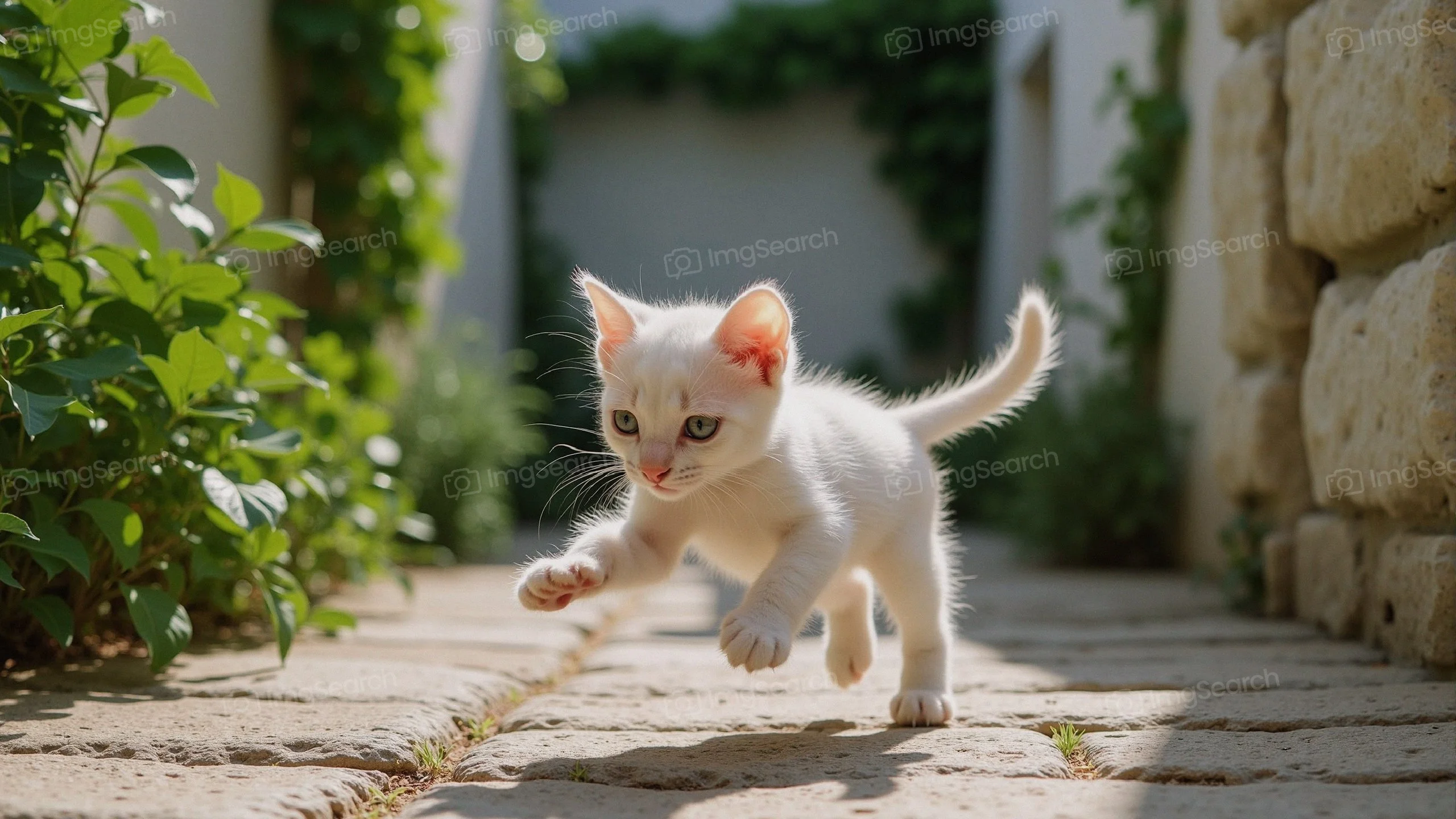 A playful white kitten running along a sunny cobblestone pathway surrounded by greenery.
