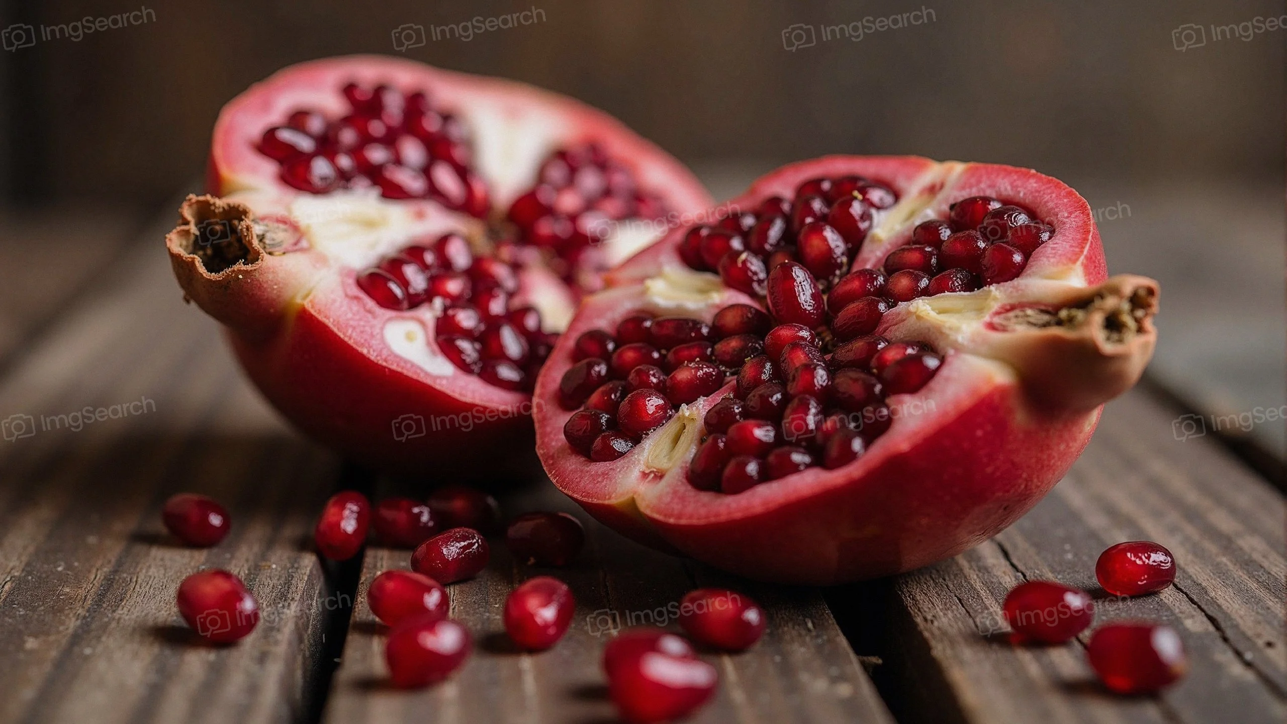 Halved pomegranate showcasing red seeds on wooden surface.