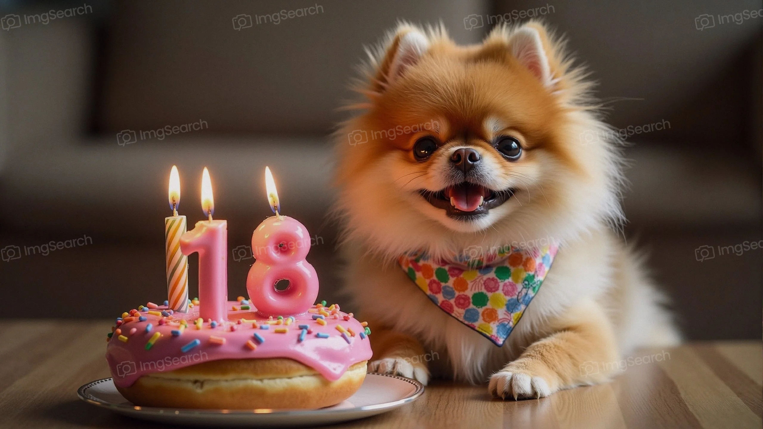 A happy Pomeranian with a birthday donut candles