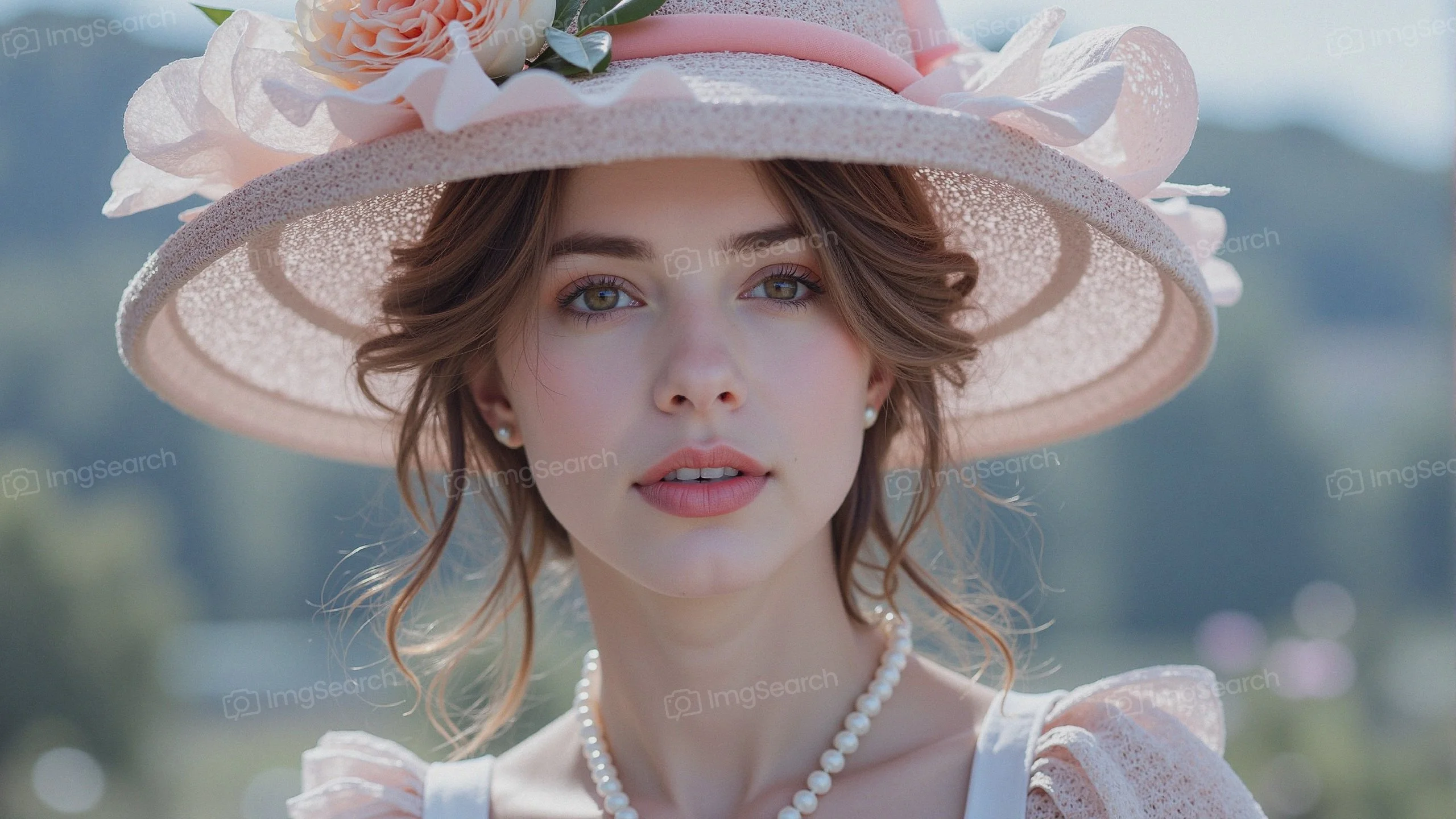 Close-up portrait of a young woman wearing a decorative summer hat with flowers.