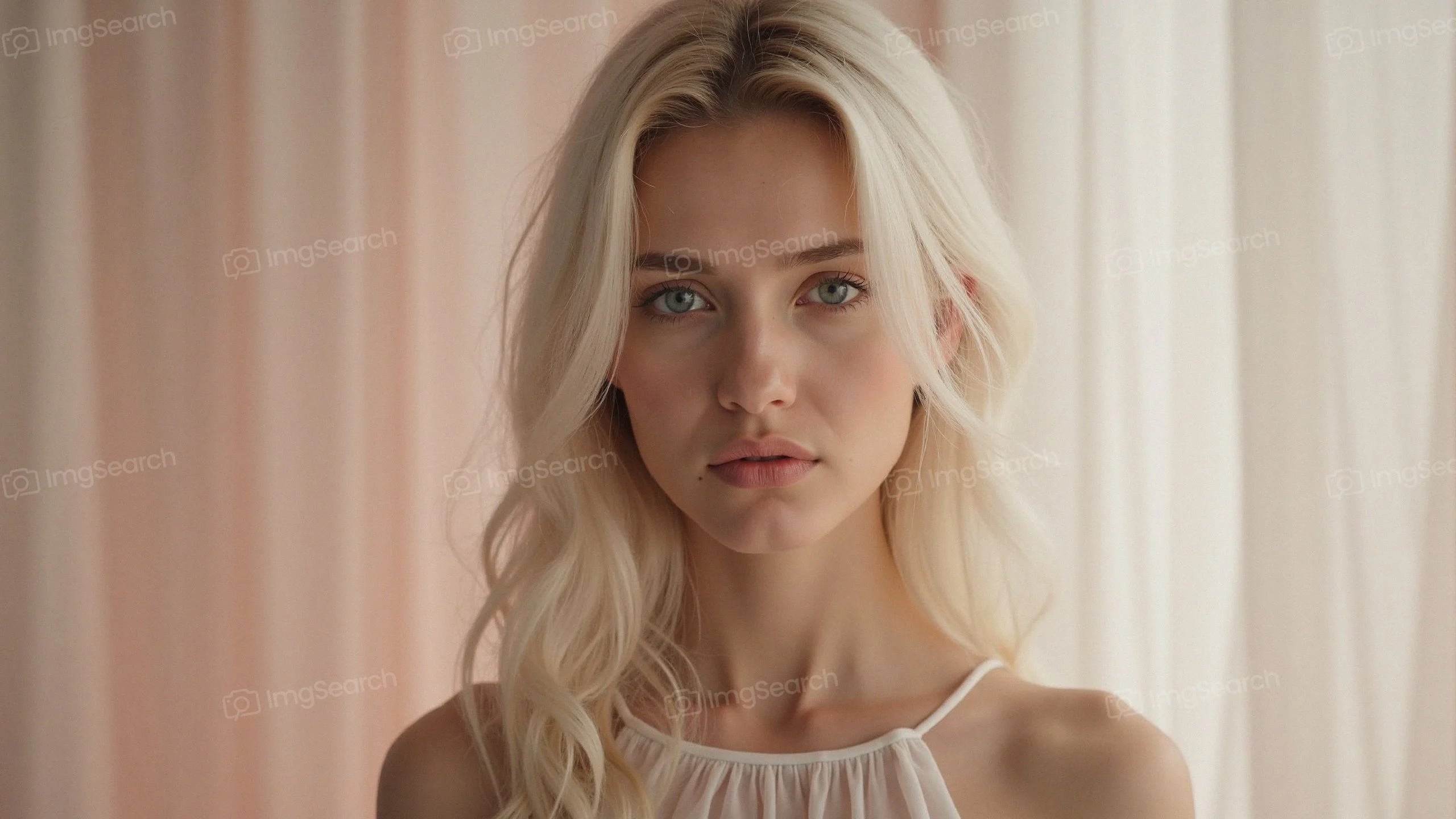 Portrait of a young woman with long light hair blue eyes in soft lighting