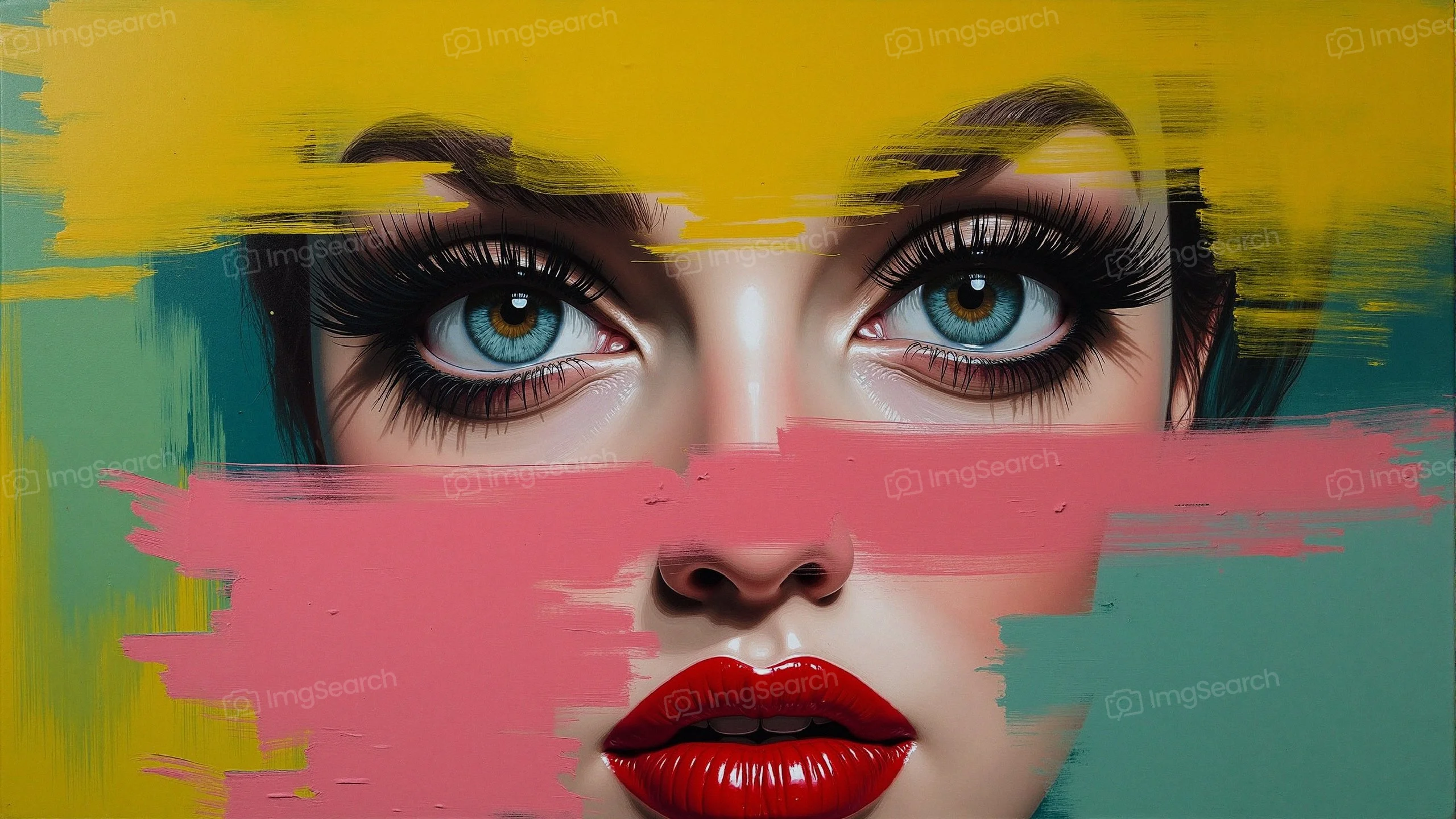 A modern artistic portrait of a woman with blue eyes red lips surrounded by bright colors.