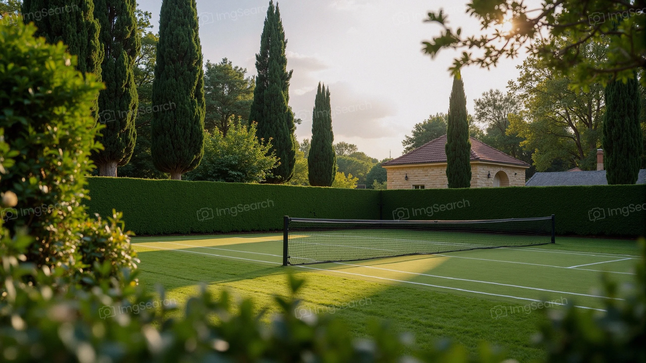 Private tennis court surrounded by hedges cypress trees under soft sunlight