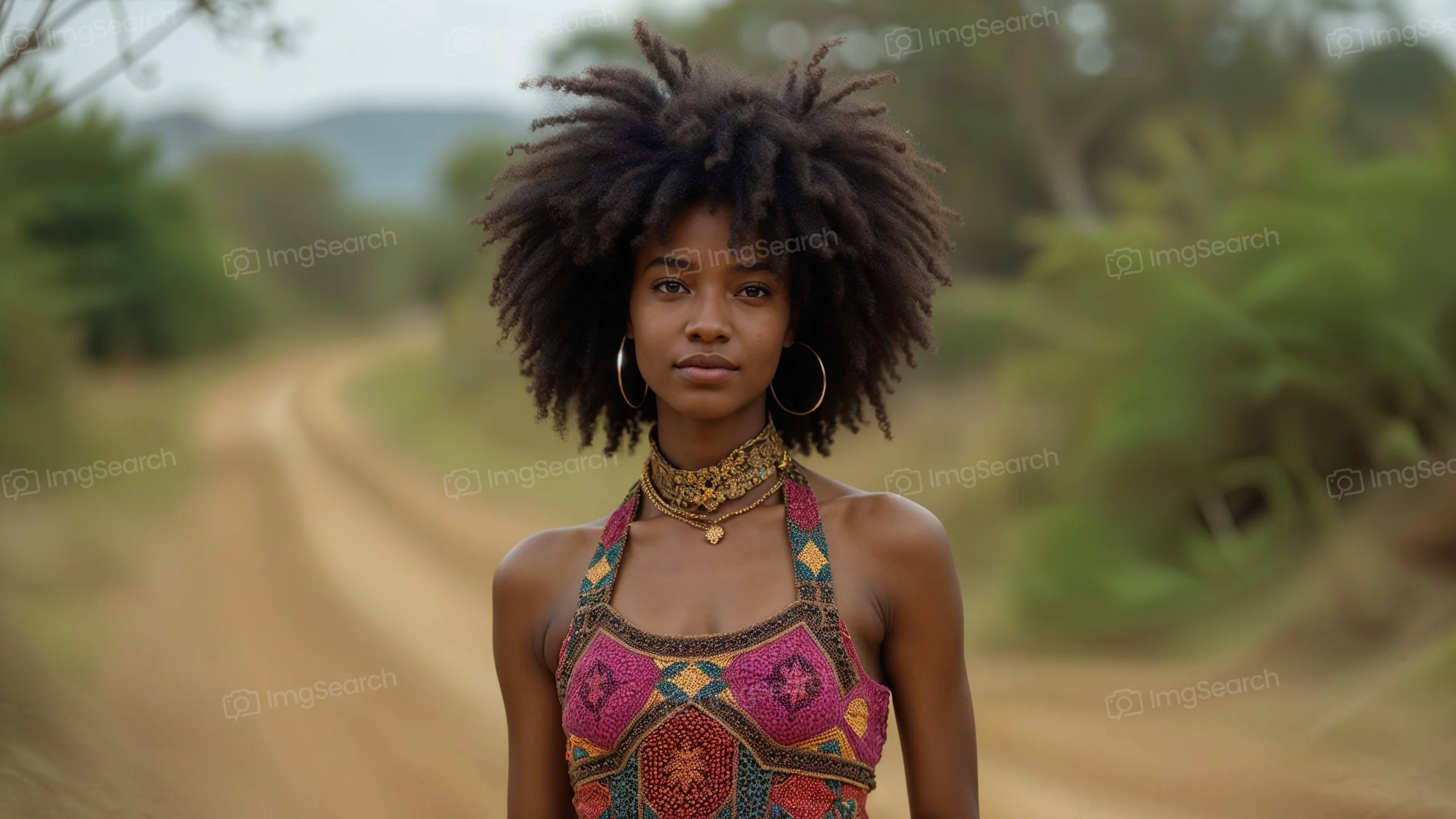 Woman with Afro hairstyle in colorful attire standing on a dirt path surrounded by greenery