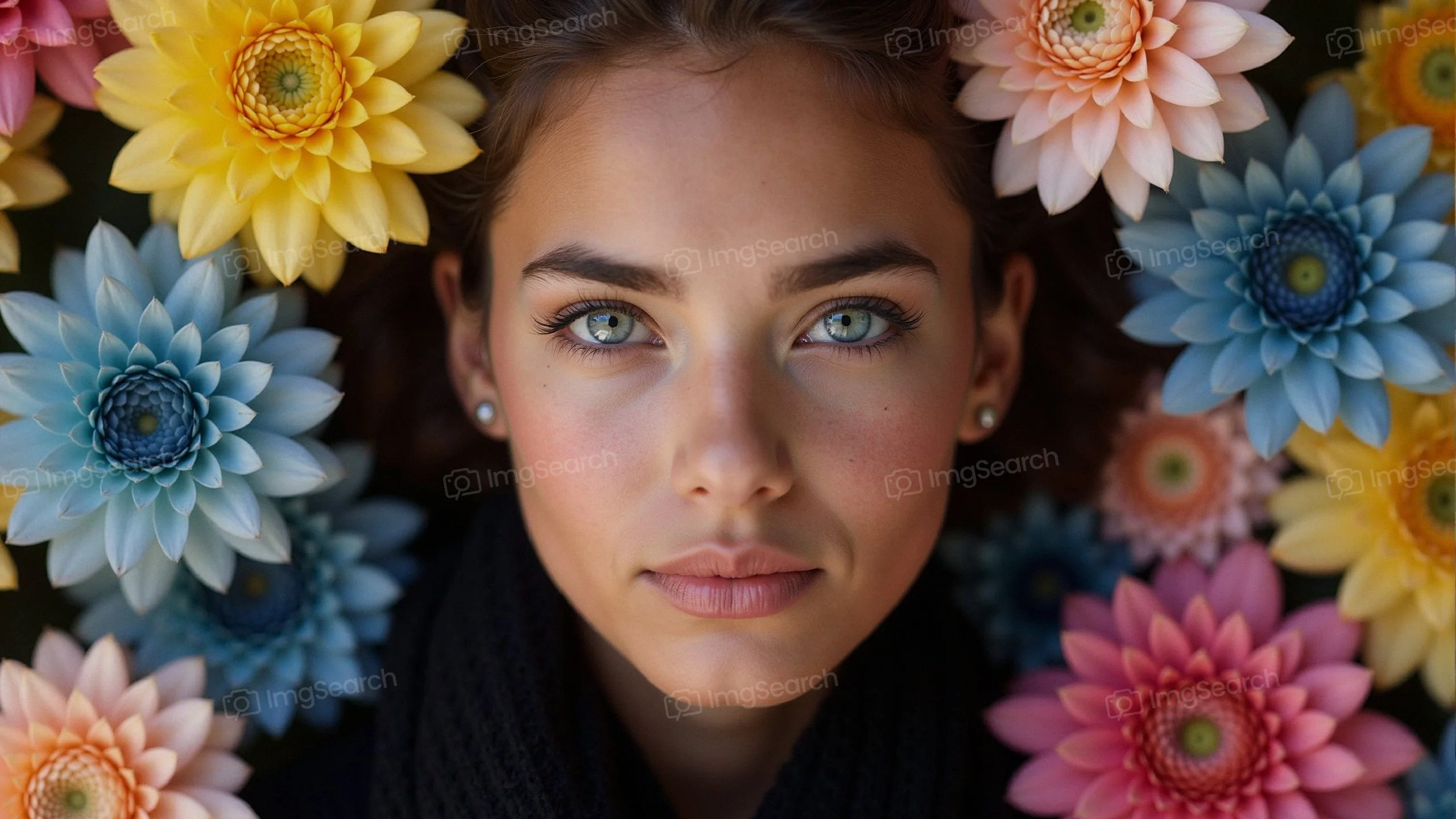 A young woman with captivating eyes surrounded by colorful artificial flowers.