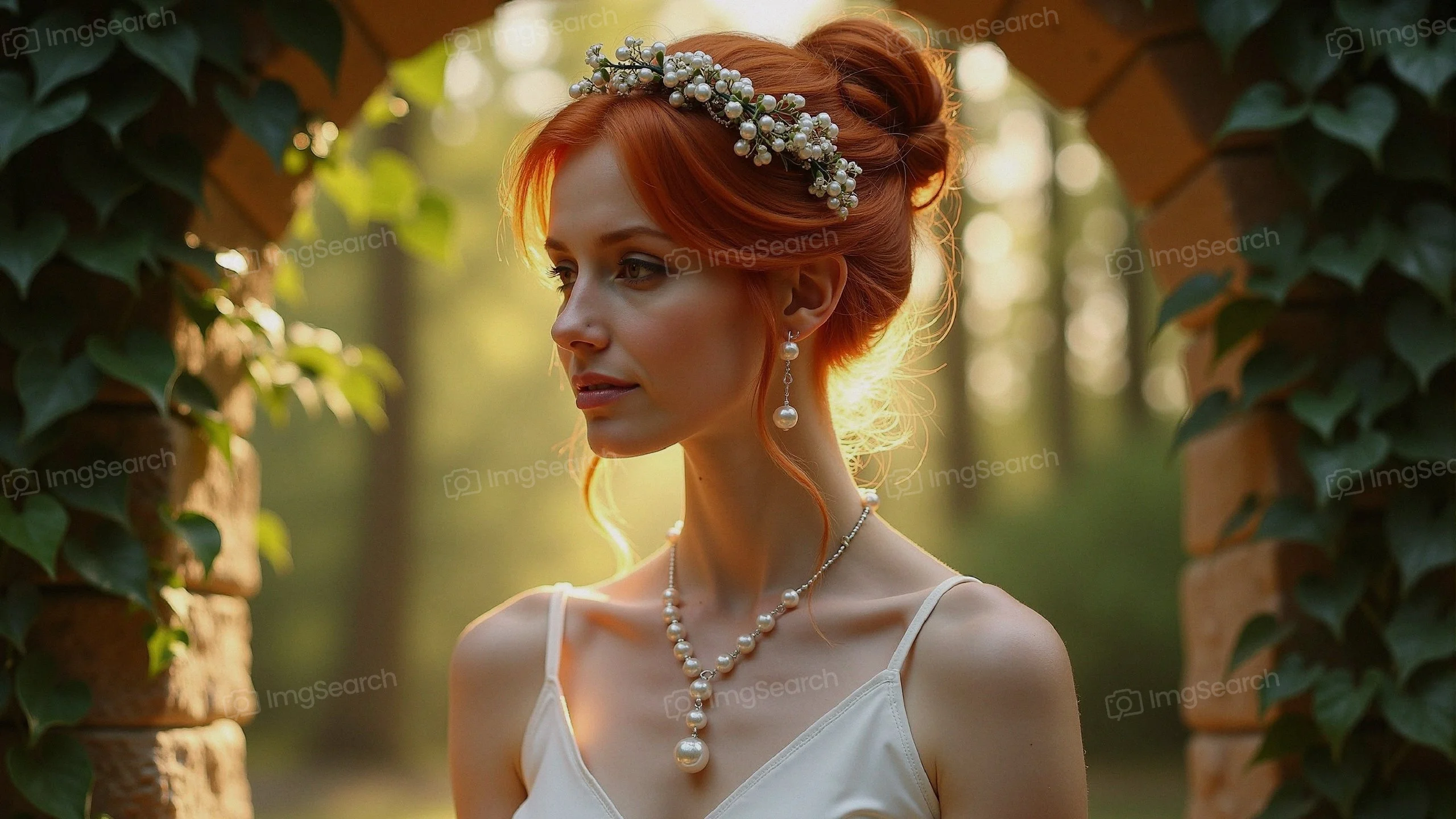 A bride with red hair a floral crown standing in a sunlit forest
