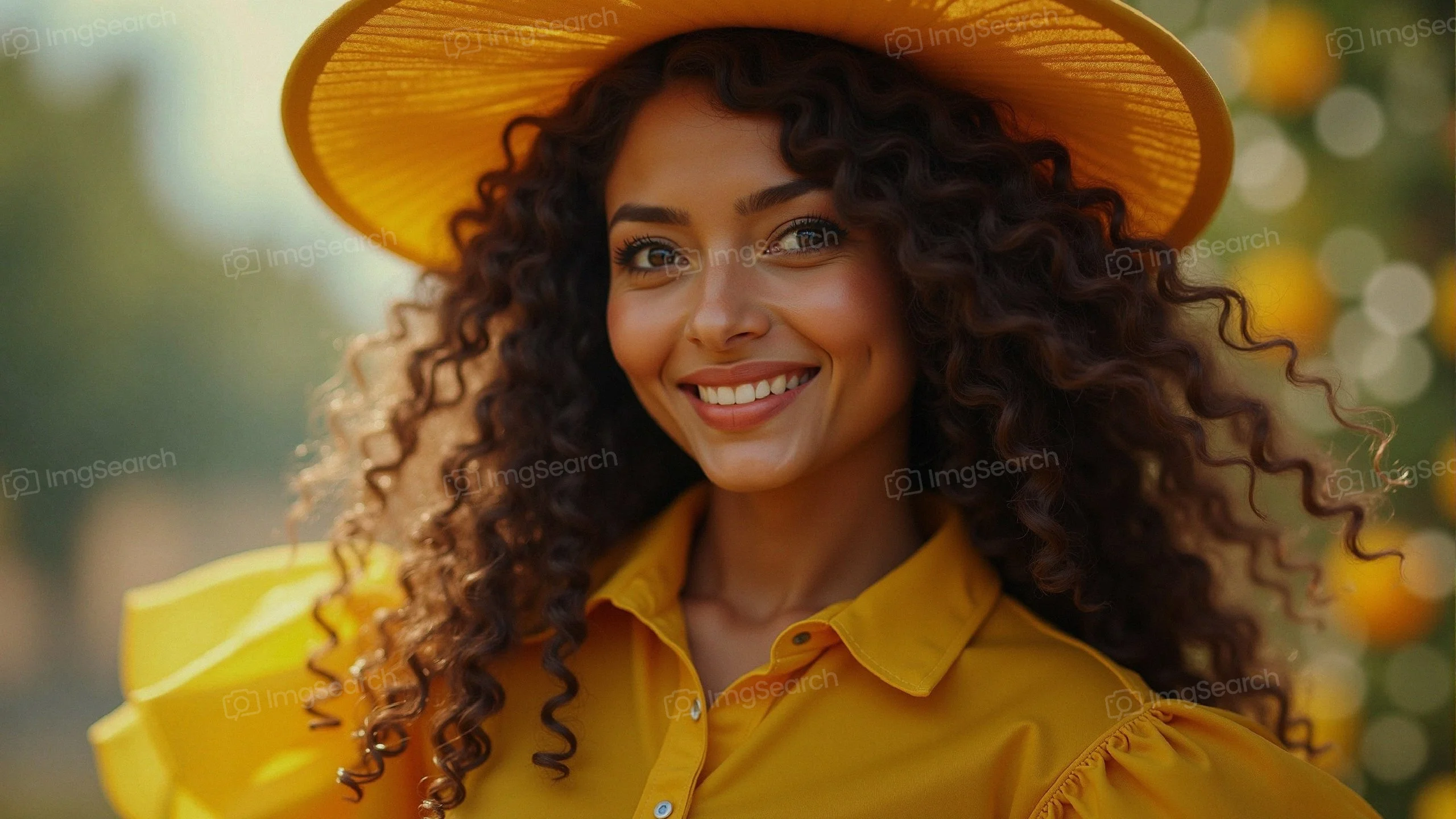 A young woman with curly hair wears a bright yellow hat smiles in a flower-filled garden.