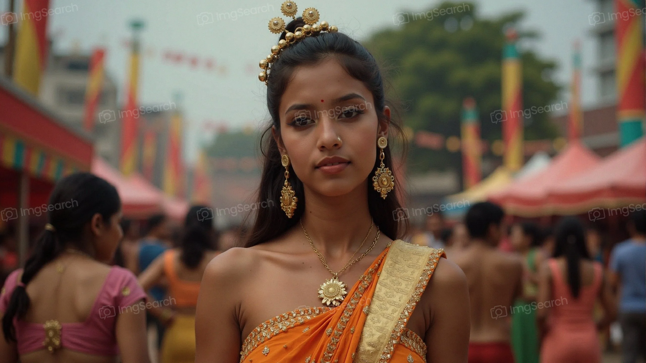 A young woman in an orange saree stands gracefully amidst a colorful festival crowd.