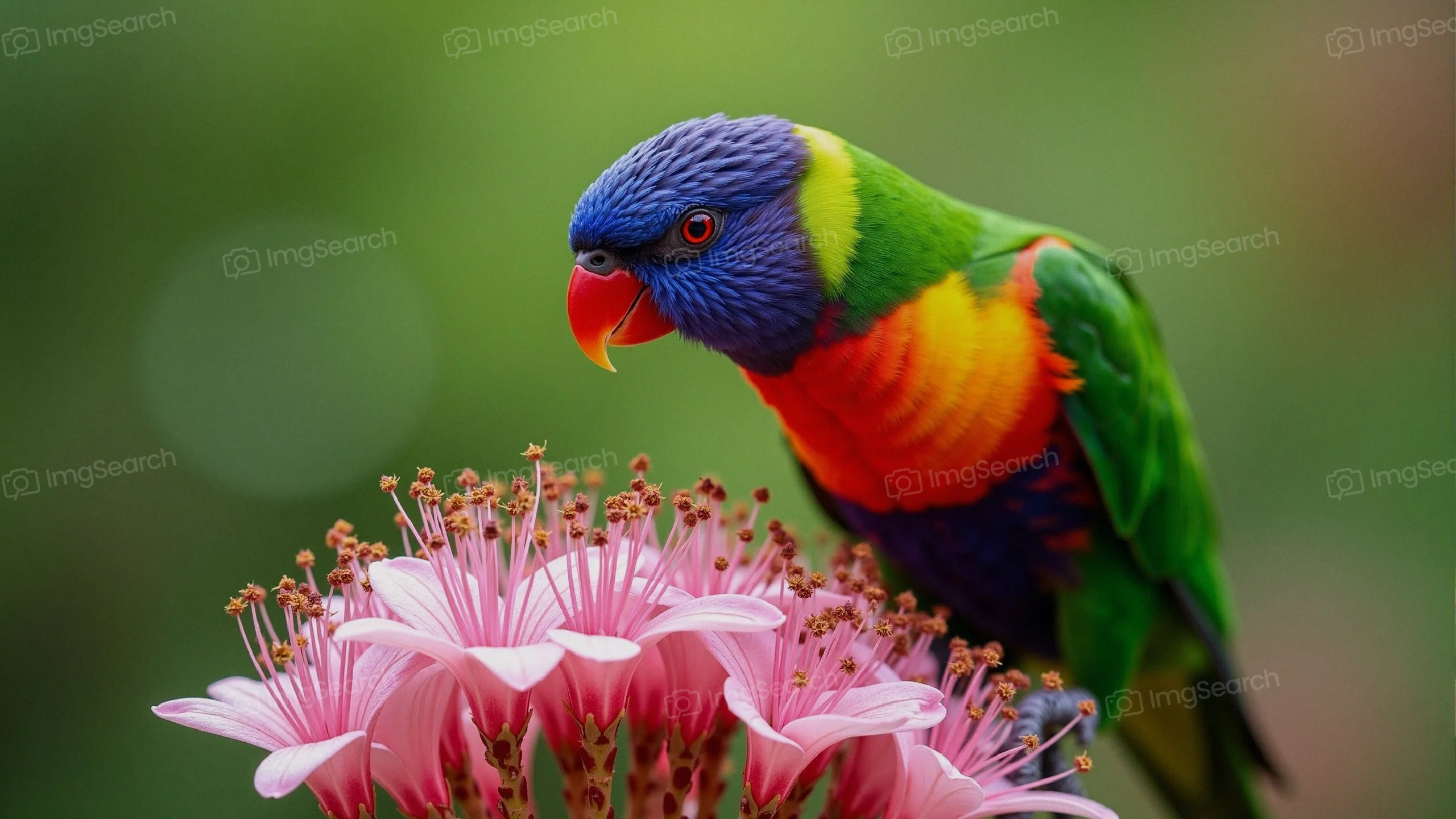A rainbow lorikeet perched on pink flowers, showcasing its plumage.