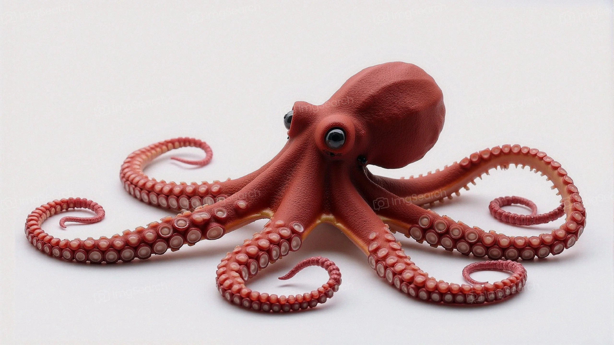 A realistic red octopus with intricate details curled tentacles.
