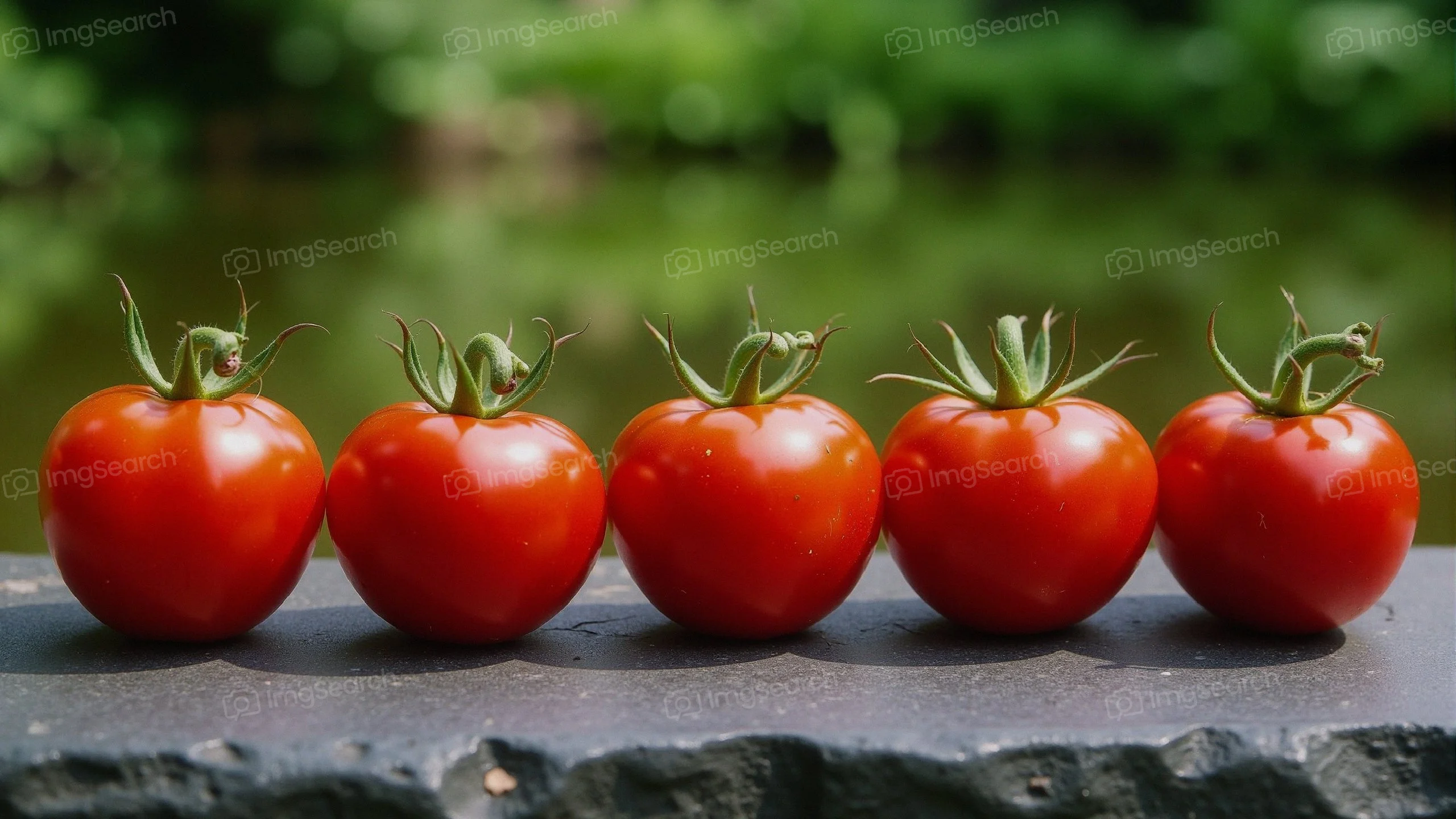 A line of five ripe red tomatoes on a stone surface with a blurred green background