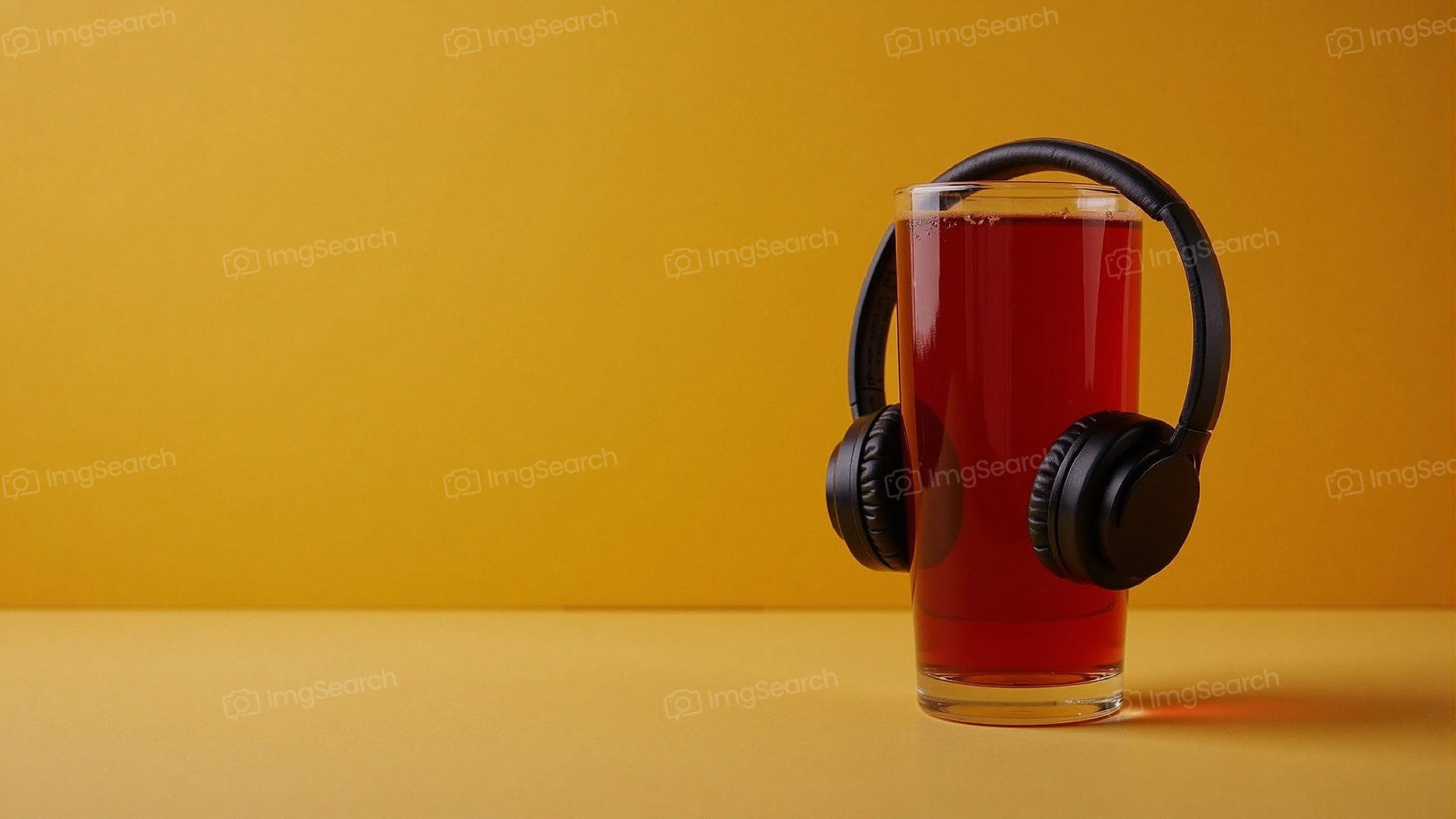 A glass of red drink with black headphones on a yellow surface.