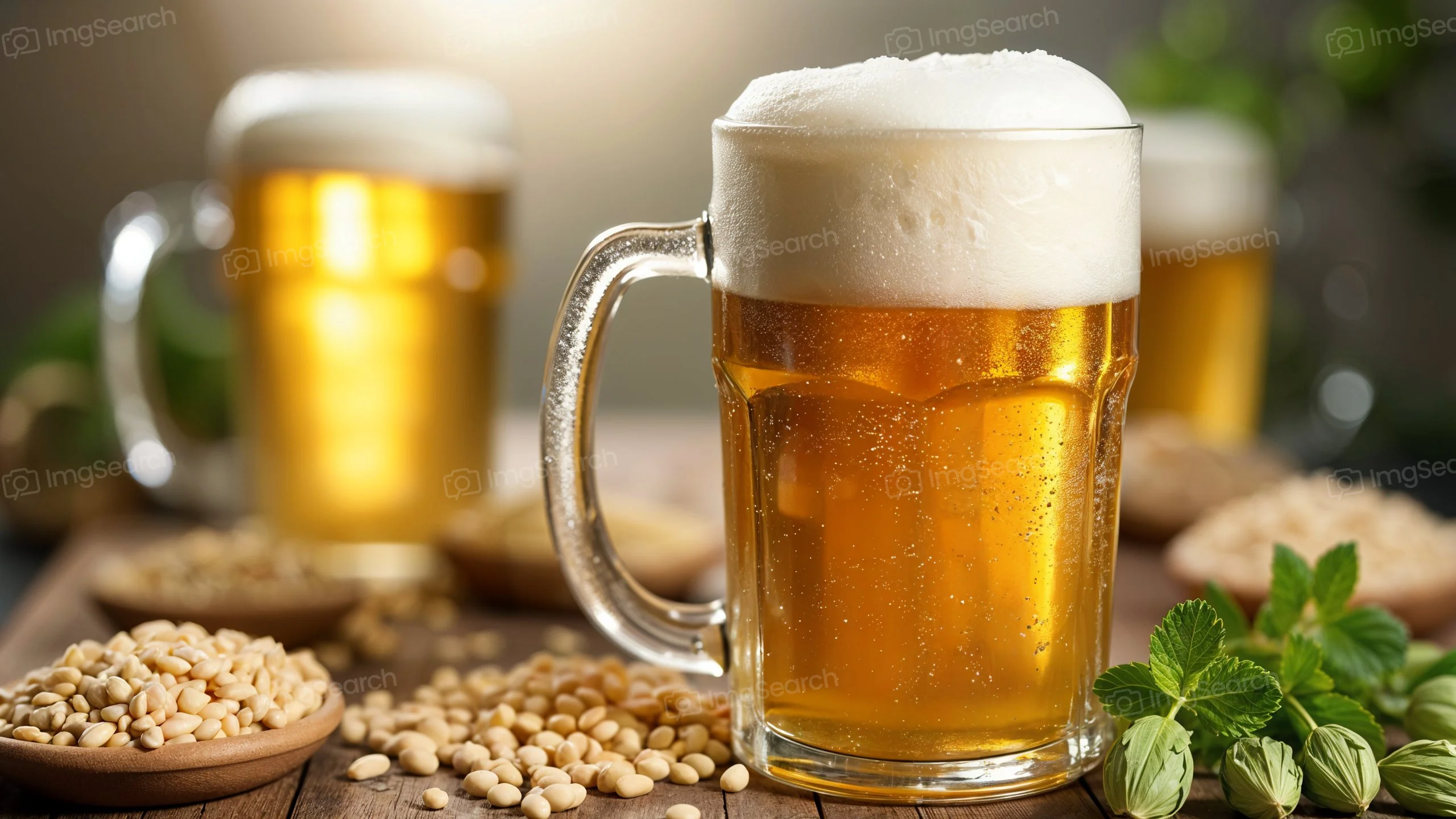 A frosty mug of beer with foam, surrounded by grains and greenery