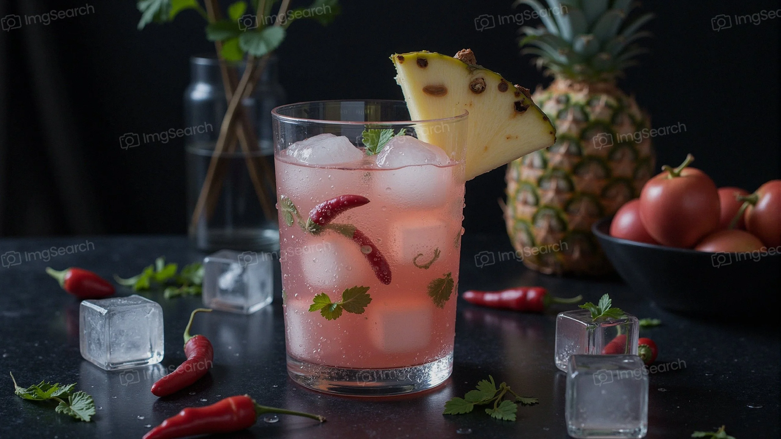 A pink tropical cocktail garnished with mint pineapple, served with ice chilies.