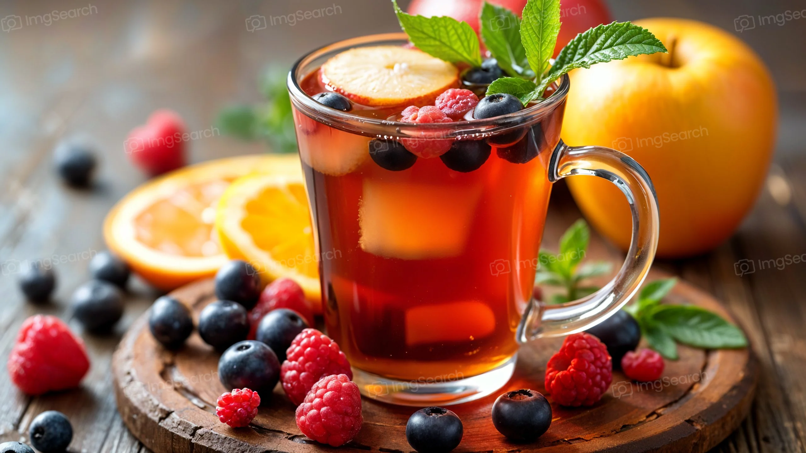 A glass of fruit-infused tea with raspberries, blueberries, orange slices, and mint leaves on a wooden table