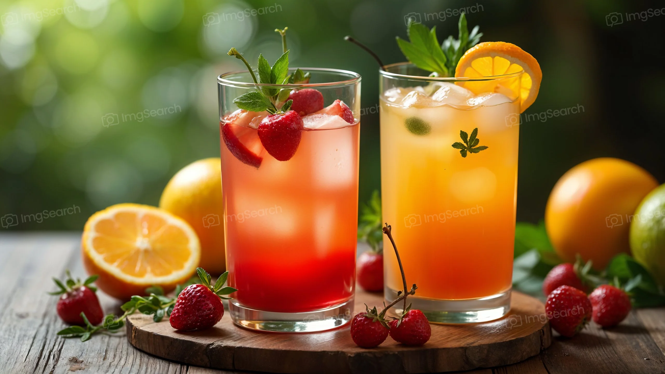 Two colorful mocktails, one red with strawberries and one orange with citrus slices, on a wooden table
