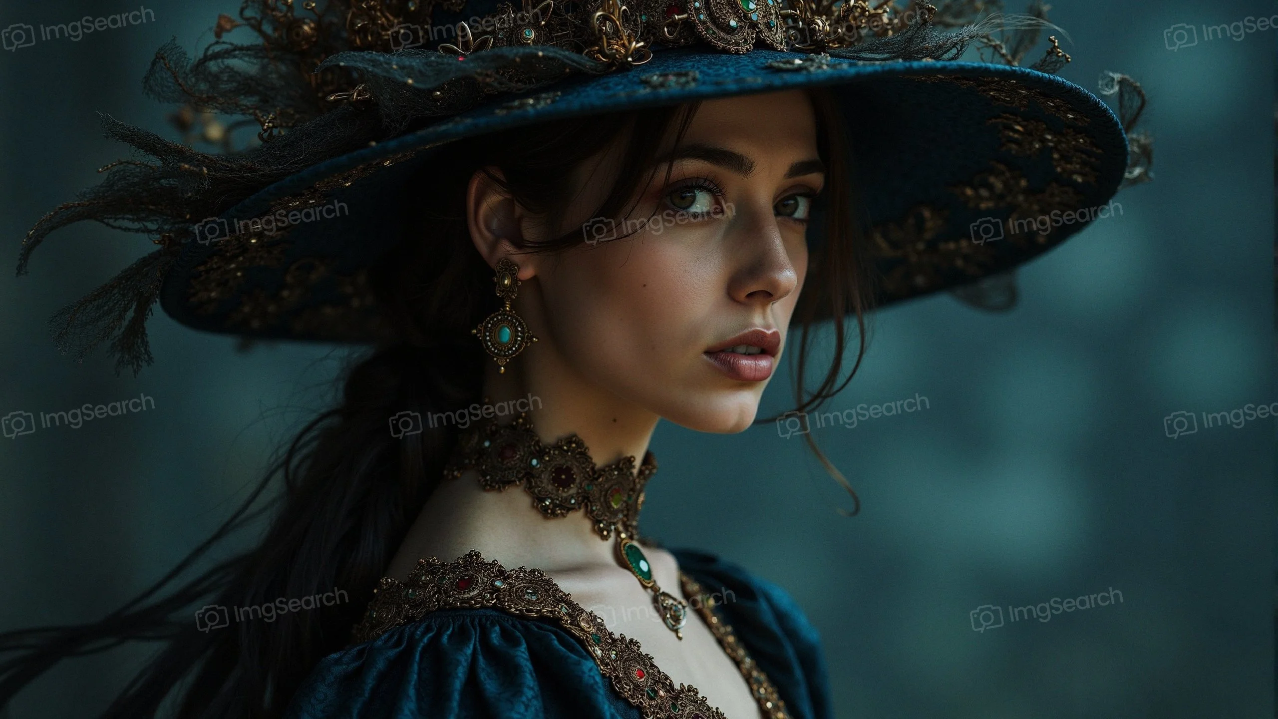 A portrait of a woman in a blue gown ornate hat, exuding elegance mystique.