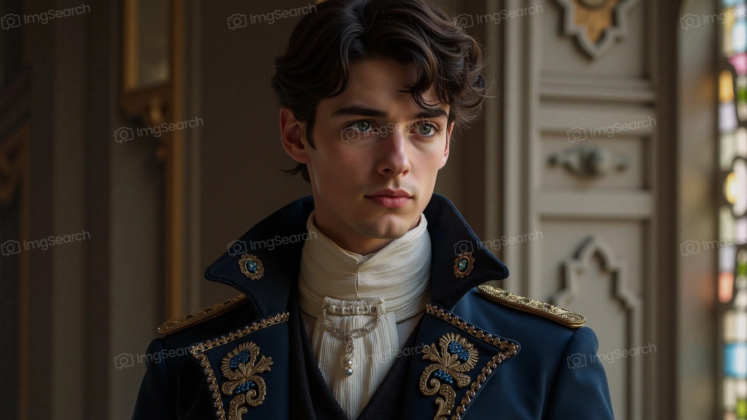 Portrait of a young nobleman in a luxurious coat with intricate details a poised expression.