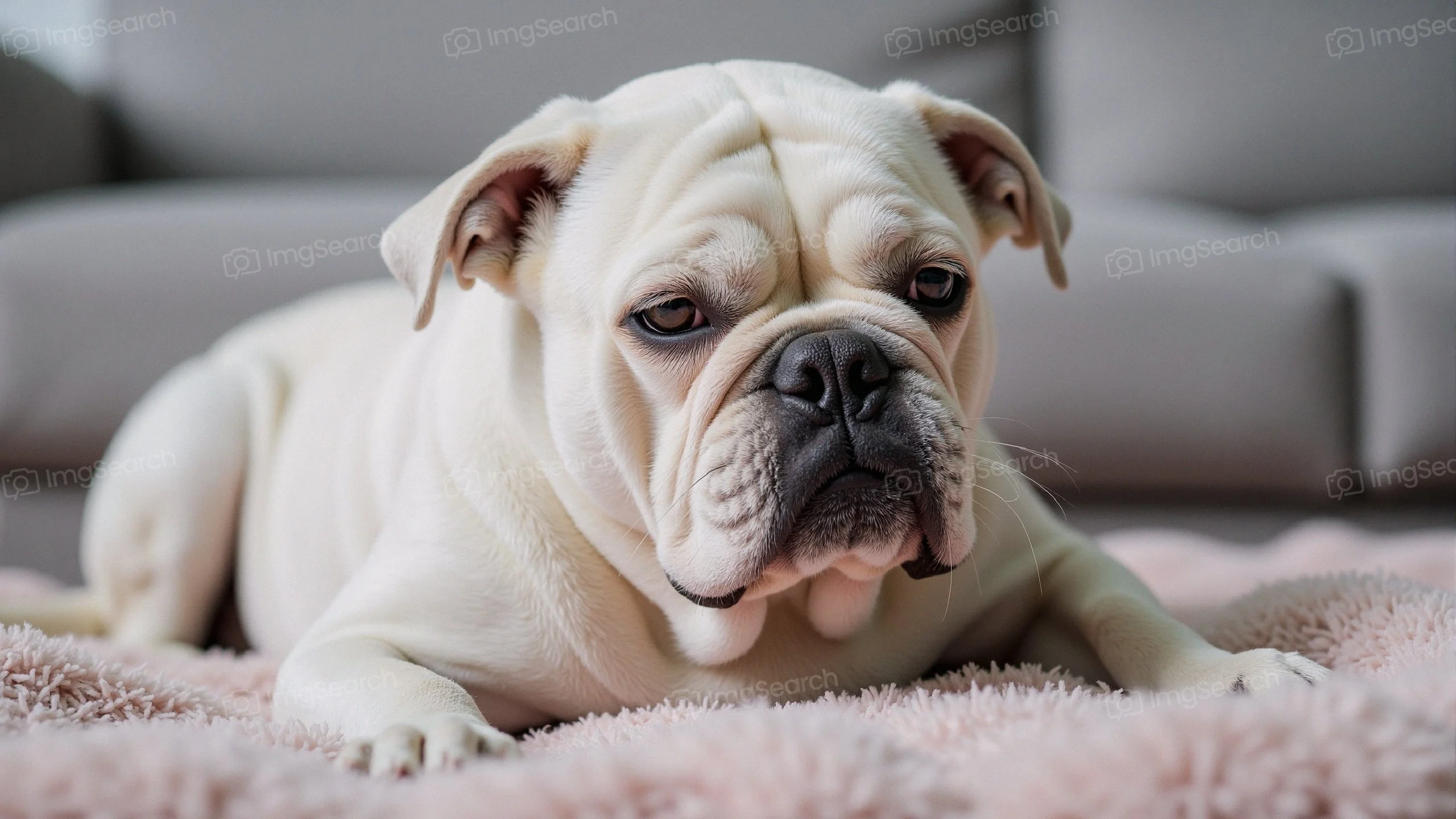 White bulldog resting on a fluffy rug