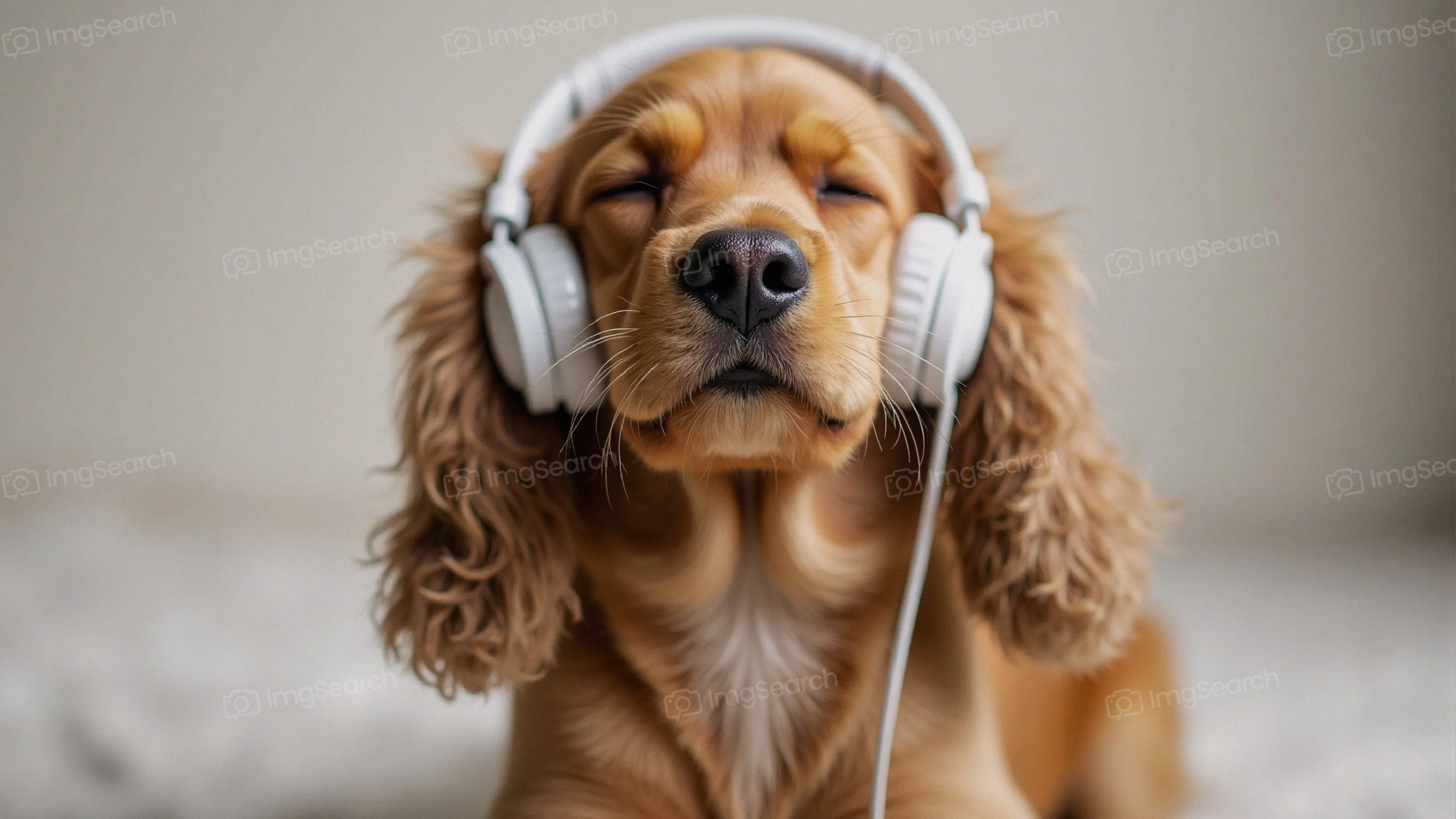 A golden cocker spaniel wearing headphones, eyes closed, seemingly enjoying music.