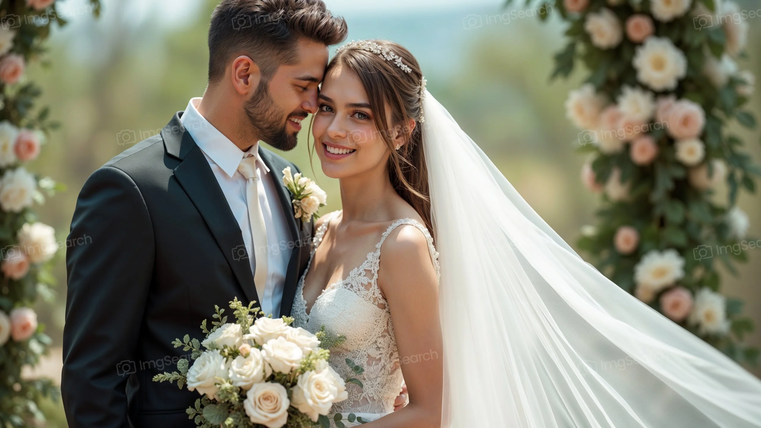 A bride and groom smiling at each other under a floral arch during their wedding ceremony