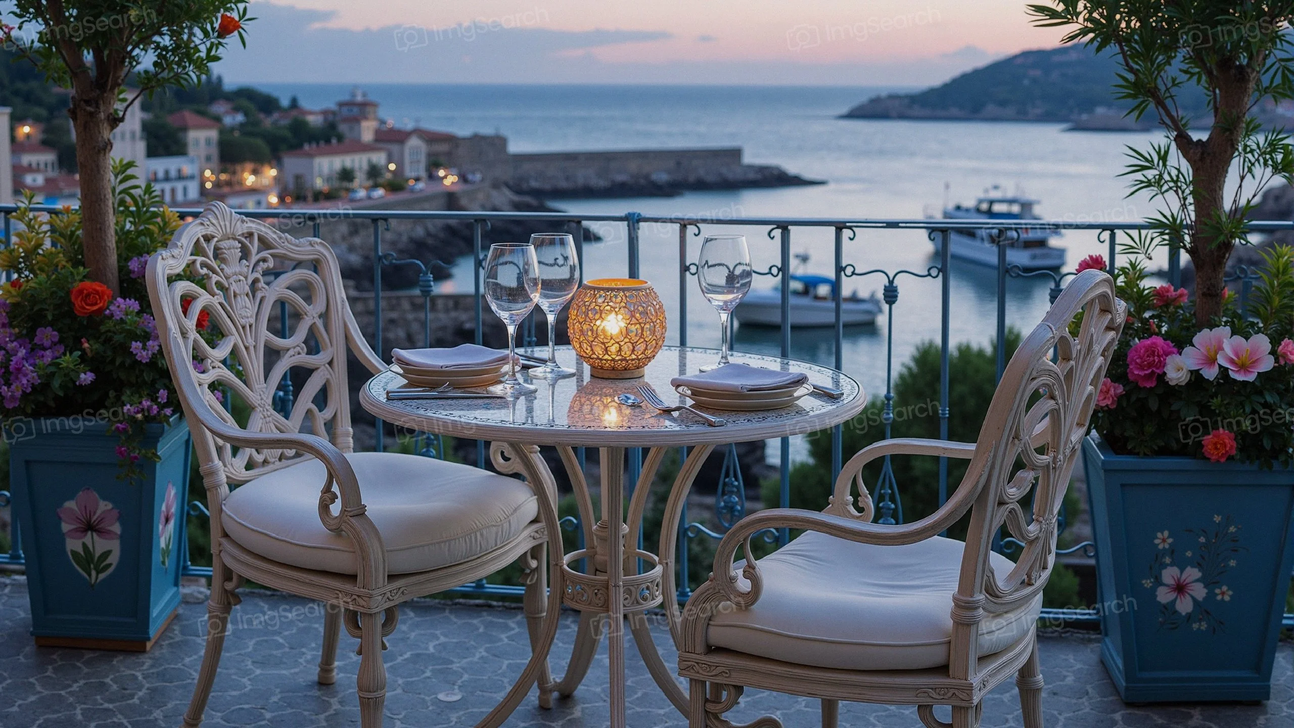A romantic dining table for two on a balcony overlooking the sea at sunset.